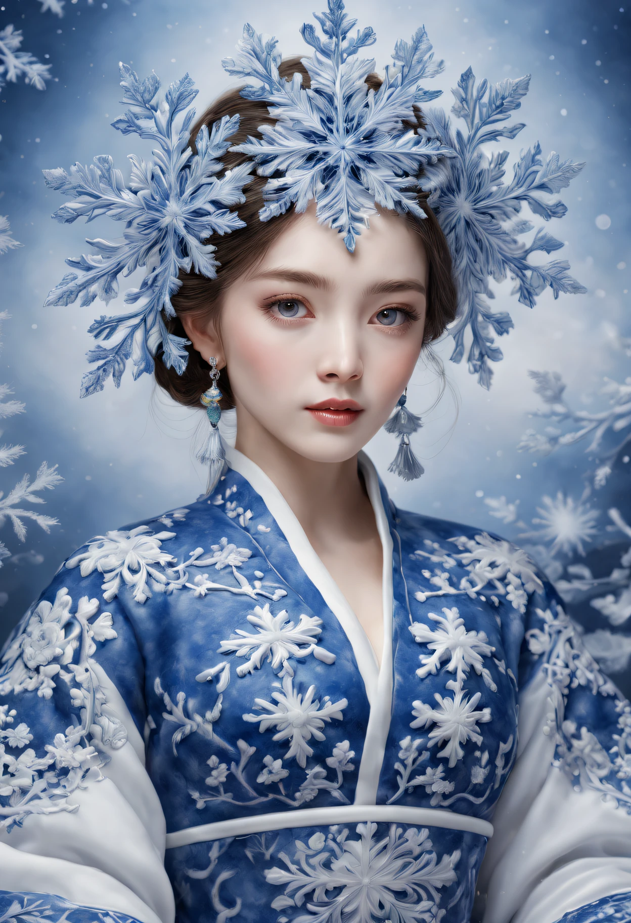 Best quality at best,4K,8K,A high resolution,tmasterpiece:1.2,ultra - detailed,actual:1.37,sportrait,Beautiful snowflake pattern,Blue and white porcelain, closeup cleavage, Sophisticated AND Intricate Details, Traditional craftsmanship, vivd colour, shiny glaze, fine brushwork, Refined artistry, with glossy finish, Studio lighting
