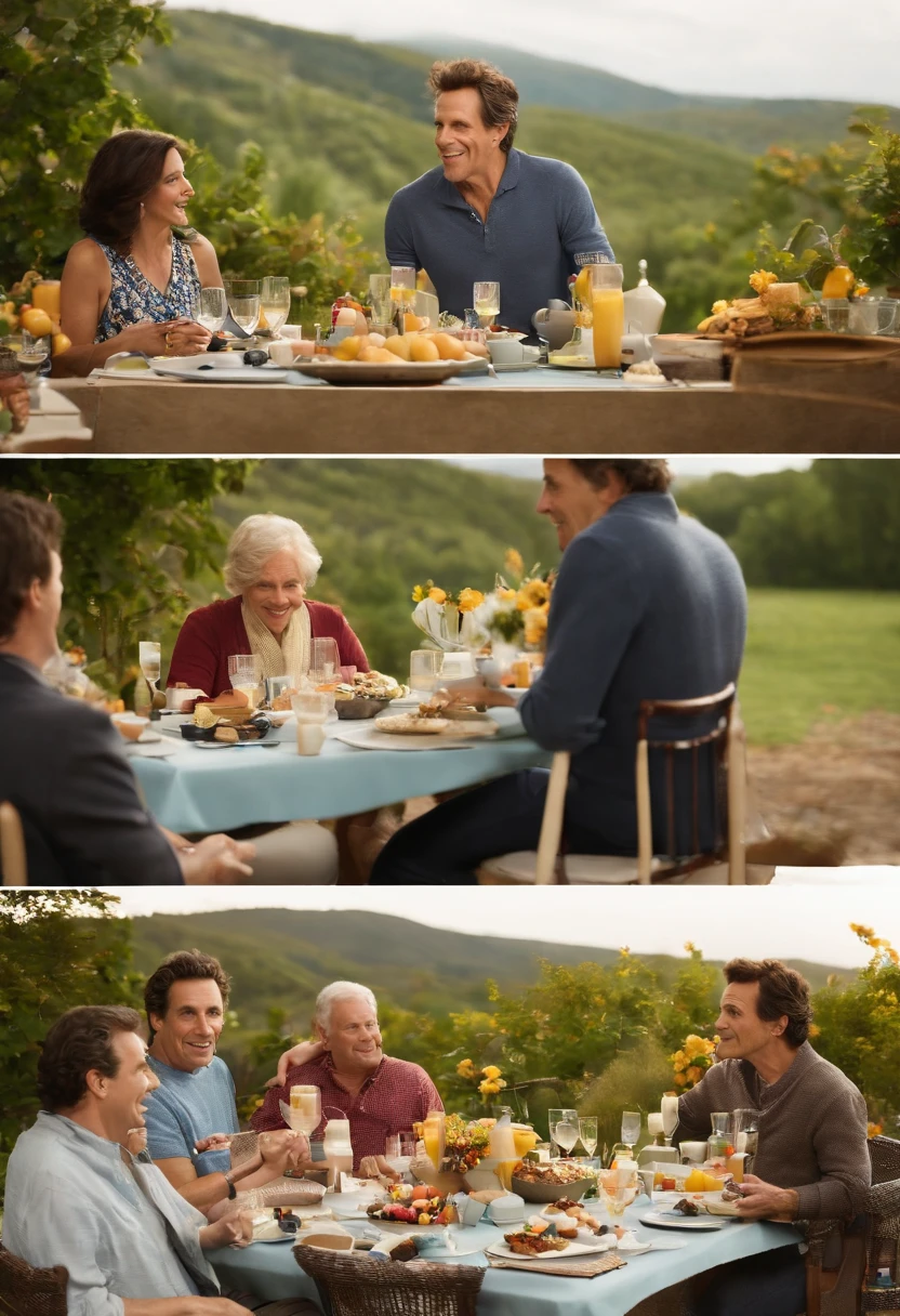 A photo of Greg attempting to arrange a surprise outdoor brunch for the family,Meet the Parents film series,Greg Focker, the fictional character portrayed by Ben Stiller in the “Meet the Parents” film series, presents as an everyman with a relatable and approachable demeanor. He has an average build and height, with a generally unassuming appearance, often dressed casually in a way that underscores his down-to-earth and slightly awkward personality. His expressive facial features often convey his frequent discomfort and the comedic anxiety he experiences in various situations throughout the series., male