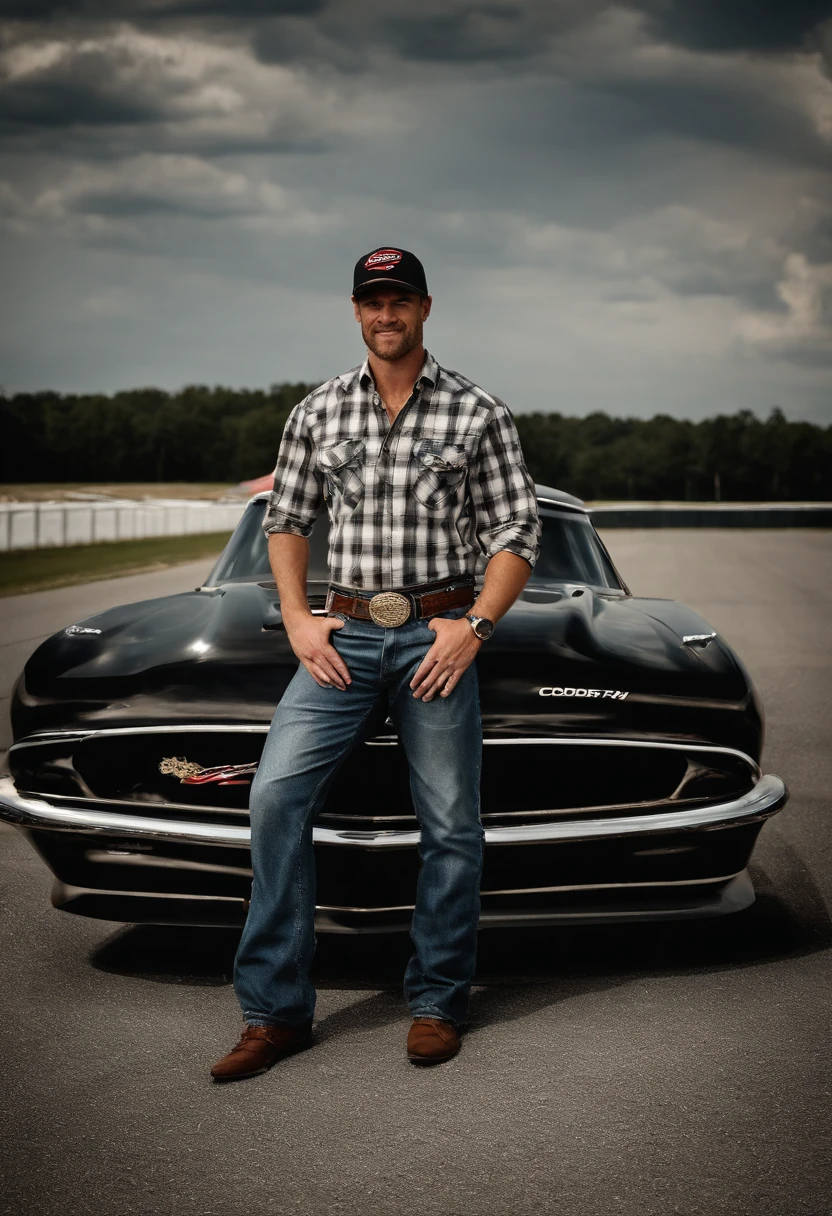 A photo of Cody at the local racetrack, standing in front of his custom-built race car with his arms crossed and a confident smirk on his face.,original,Cody “Thunder” Johnson, a fictional NASCAR legend, hails from the heart of Alabama, embodying the spirit of a true Southern country boy. He sports a rugged, unpolished look, often seen with a baseball cap, a casual flannel shirt, and jeans, his demeanor as relaxed and easy-going as his attire. , male