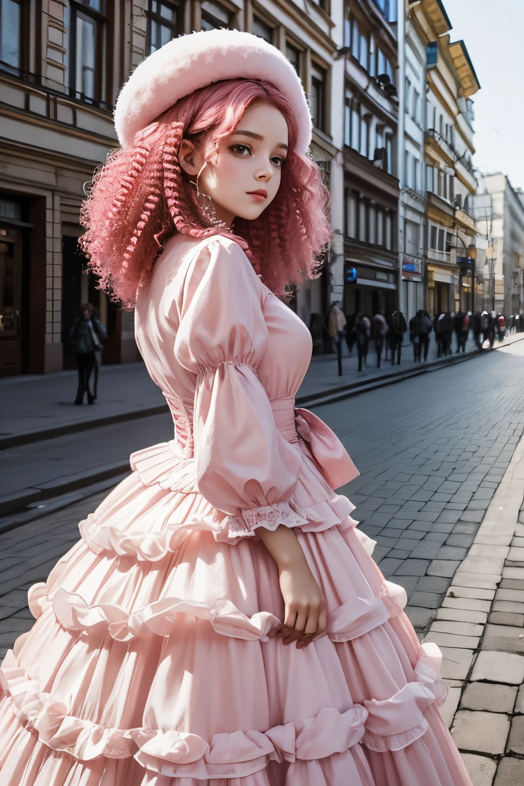 a girl with curly pink hair in a fluffy ball gown in the middle of the city of Zaporozhye