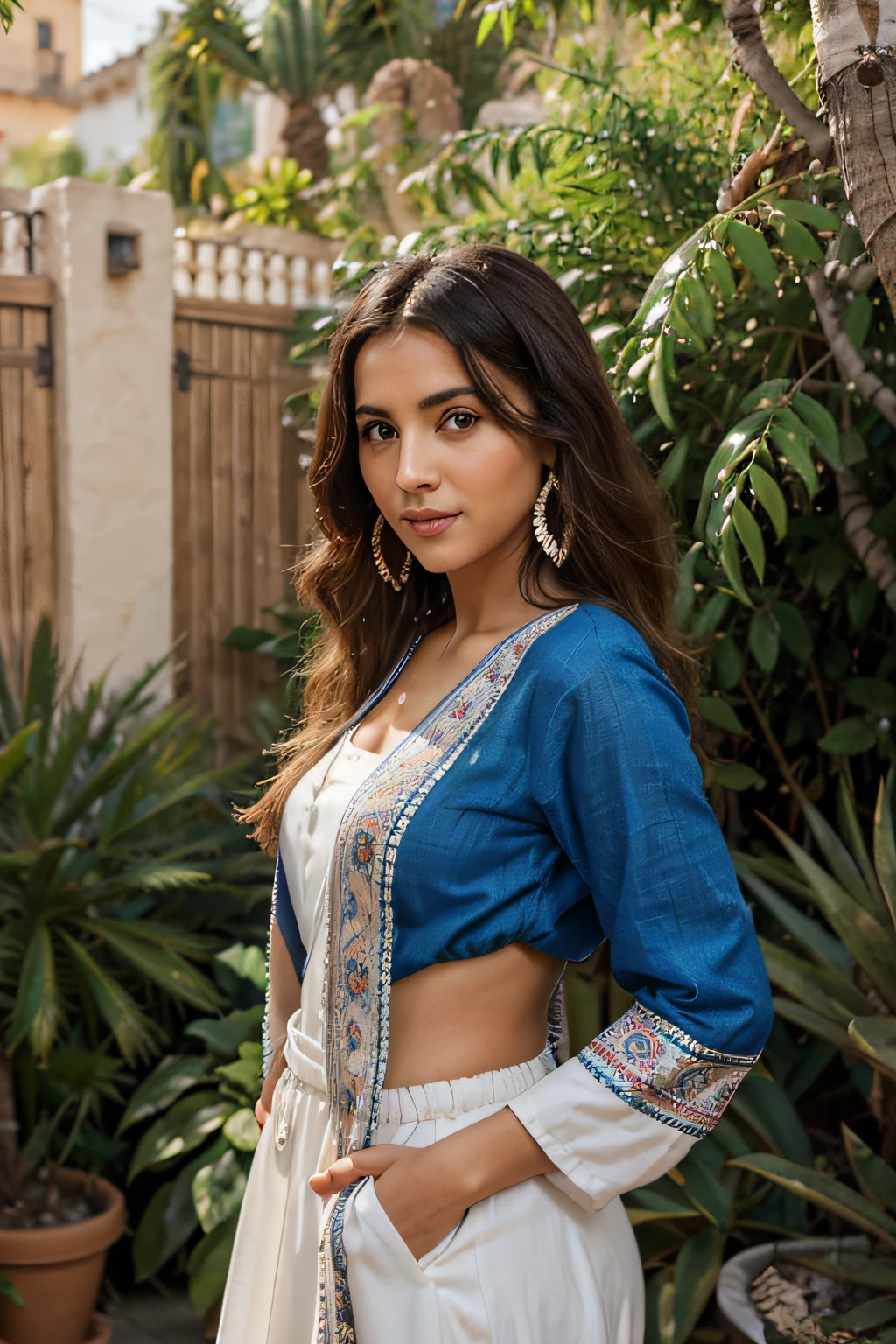 Créez une photographie 4K réaliste de Shemsy, Un jeune, influenceur numérique marocain dynamique. Elle a une vingtaine d'années et une peau olive chaude., cheveux ondulés brun foncé, et des yeux marron foncé frappants. Elle porte une tenue moderne qui intègre subtilement des éléments traditionnels marocains.. Son style est un mélange raffiné de mode marocaine contemporaine et traditionnelle., doté d'un élégant, veste mélangée avec broderies marocaines complexes et accessoires comme des bijoux berbères traditionnels.
Shemsy se tient au Jardin Majorelle à Marrakech, qui est célèbre pour ses plantes exotiques et son studio art déco bleu vif. le jardin autour d'elle est luxuriante et verte, rempli de hautes tiges de bambou et de cactus, contrastant magnifiquement avec le bleu cobalt vif du studio en arrière-plan. la lumière du soleil filtre doucement à travers le feuillage, lancer un doux, lueur chaleureuse sur son visage, mettre en valeur sa confiance, pourtant sourire accessible.
Elle tient un appareil photo numérique professionnel dans une main, Capturer la beauté du jardin, symbolisant sa passion pour la photographie et l'art. Sa posture est étendue mais équilibrée, dégageant un sentiment de confiance et de curiosité. l'ambiance générale de l'l'image est vibrante, coloré, et vivant avec l'essence de la culture marocaine et de la féminité moderne."