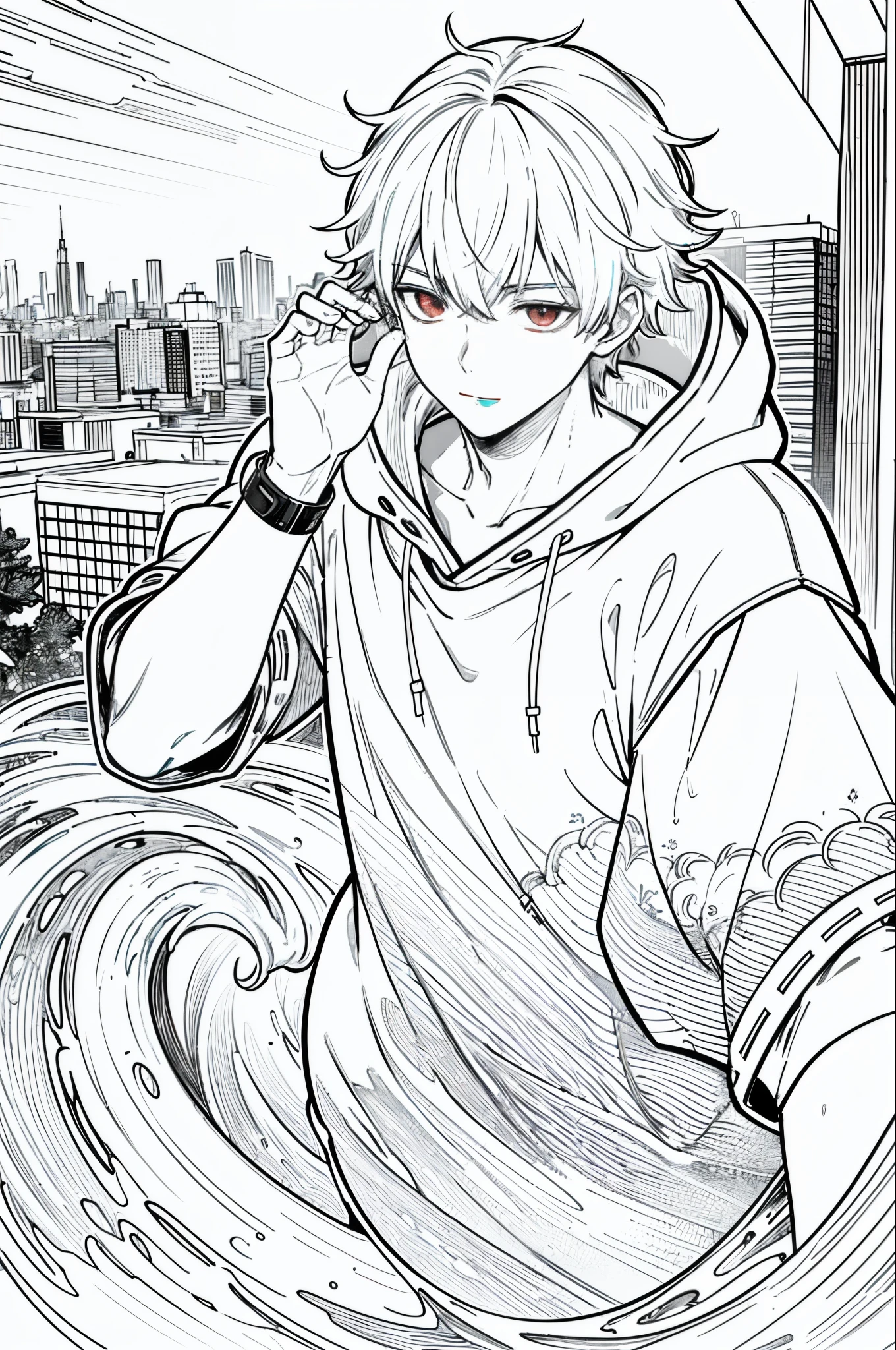 beste-Qualit, More Details, tmasterpiece, 1boy, kaneki ken, portraite of a, male focus, red-eyes, 独奏, combed hair back, looks at the viewer, hood, Short Hair Hair, Sateen, Tokyo Tokyo \(The city\), hood up, nail polishing, white colored hair, luxurious, 8K, Detailed, ray traced, Depth of field, 电影灯光, no color, line art only