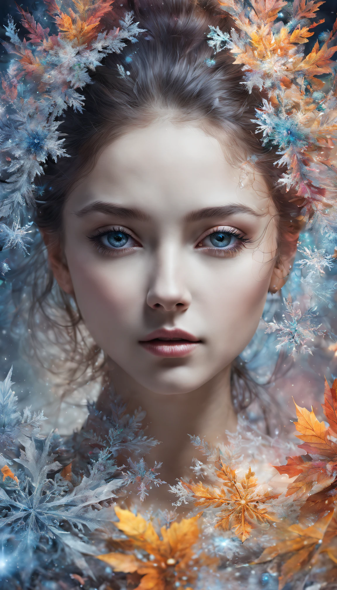 (tmasterpiece,top-quality,Best quality,offcial art,Beauty and aesthetics:1.2),1个Giant Breast Girl,Portrait double exposure(Snowflakes dance in the air),The is very detailed,(s fractal art:1.3),Extremely colorful,Most detailed