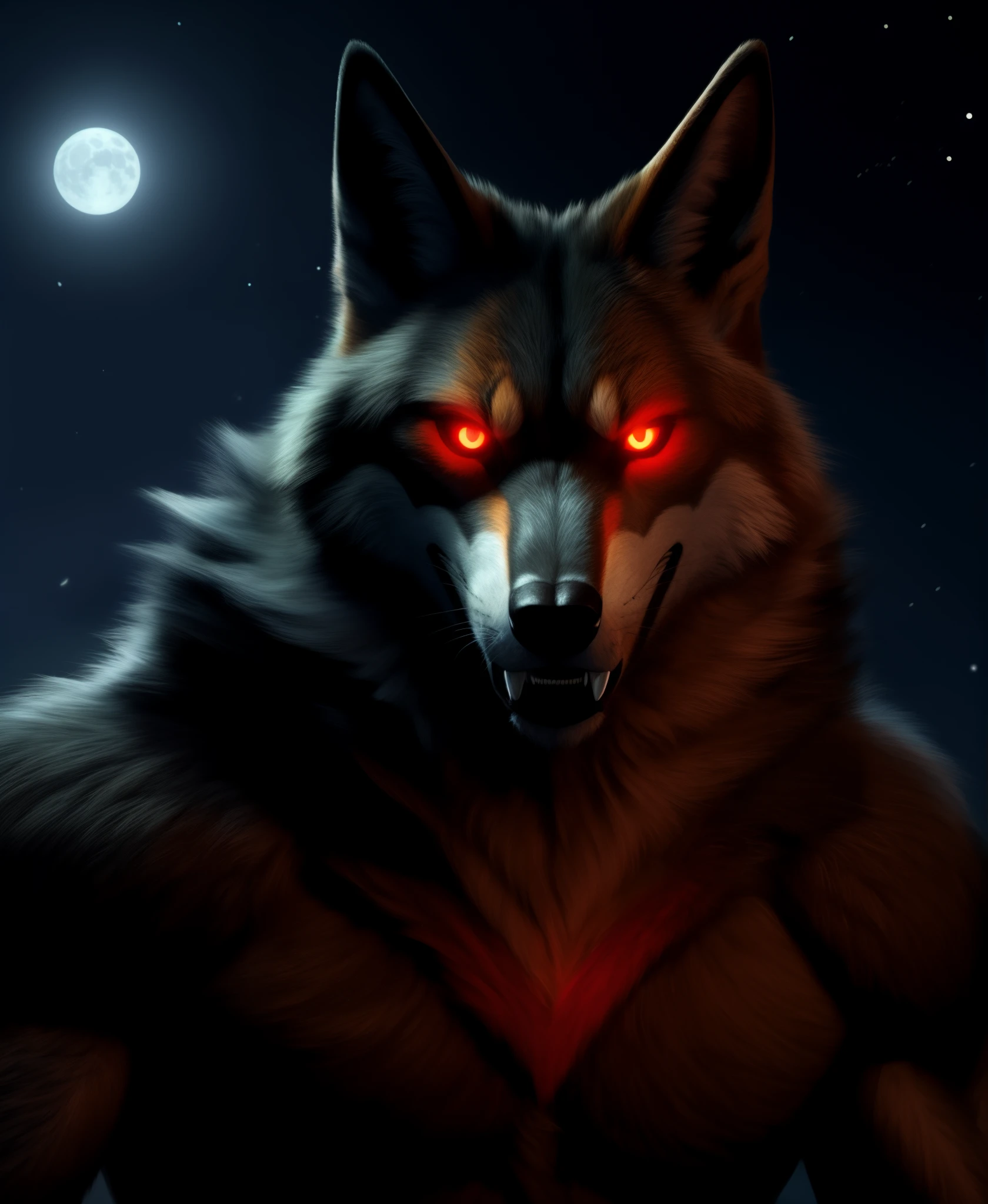 Night photo of a creature with , black coyote body, sharp fangs  ,red glowing eyes