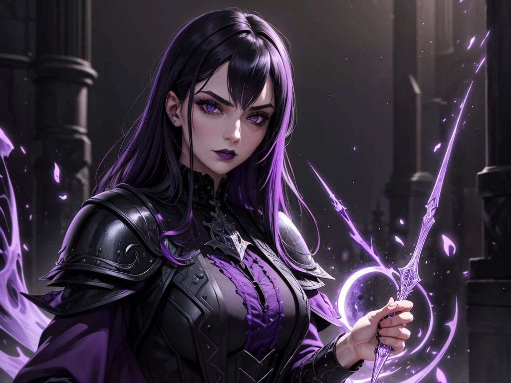 Kai'Sa is a slender, pale-skinned woman with long dark brown hair and violet eyes. Her robes are composed of a Void Symbiote with a distinct palette of grey, dark grey, purple and bronze. The most distinctive ornaments of her attire are some purple marks on her face