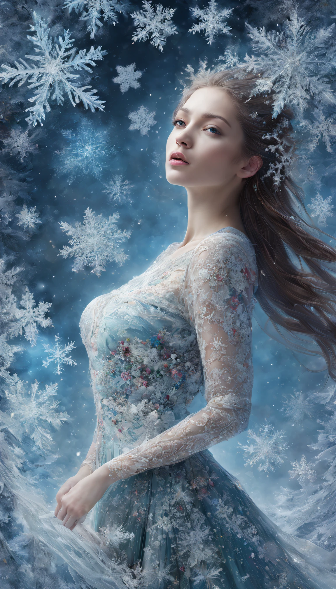 (tmasterpiece,top-quality,Best quality,offcial art,Beauty and aesthetics:1.2),1个Giant Breast Girl,double contact(Snowflakes dance in the air),The is very detailed,(s fractal art:1.3),Extremely colorful,Most detailed