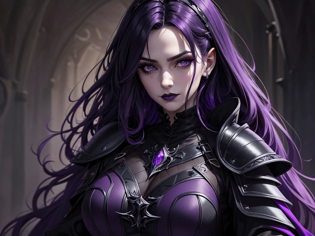 An adult vampire wizard character wearing a very detailed and beautiful gothic armor in black and purple color. Seu cabelo com corte em estilo curto, black lip color, cor roxa dos olhos;, manto, capuz, caminhando, 8k, Magnificent, Black and purple Gothic armor, capa