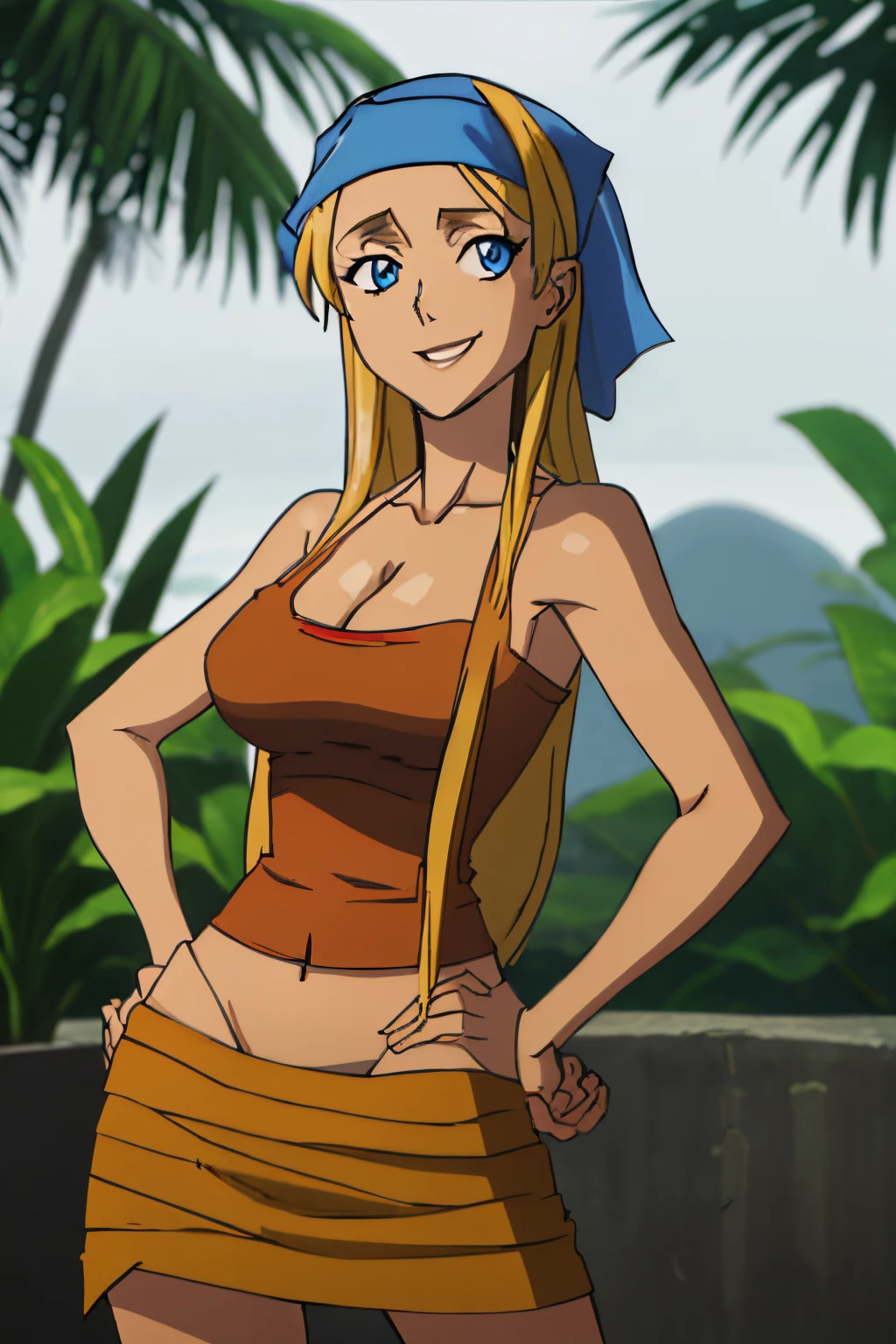 centered, professional photo, (looking at viewer:1.2), smiling, |  Lindsay_Total_Drama, 1girl, solo, blue eyes, long hair, blonde hair, cleavage, bandana, huge breasts, skirt, | jungle,| bokeh, depth of field, hand on hip, contrapposto, cinematic composition, |