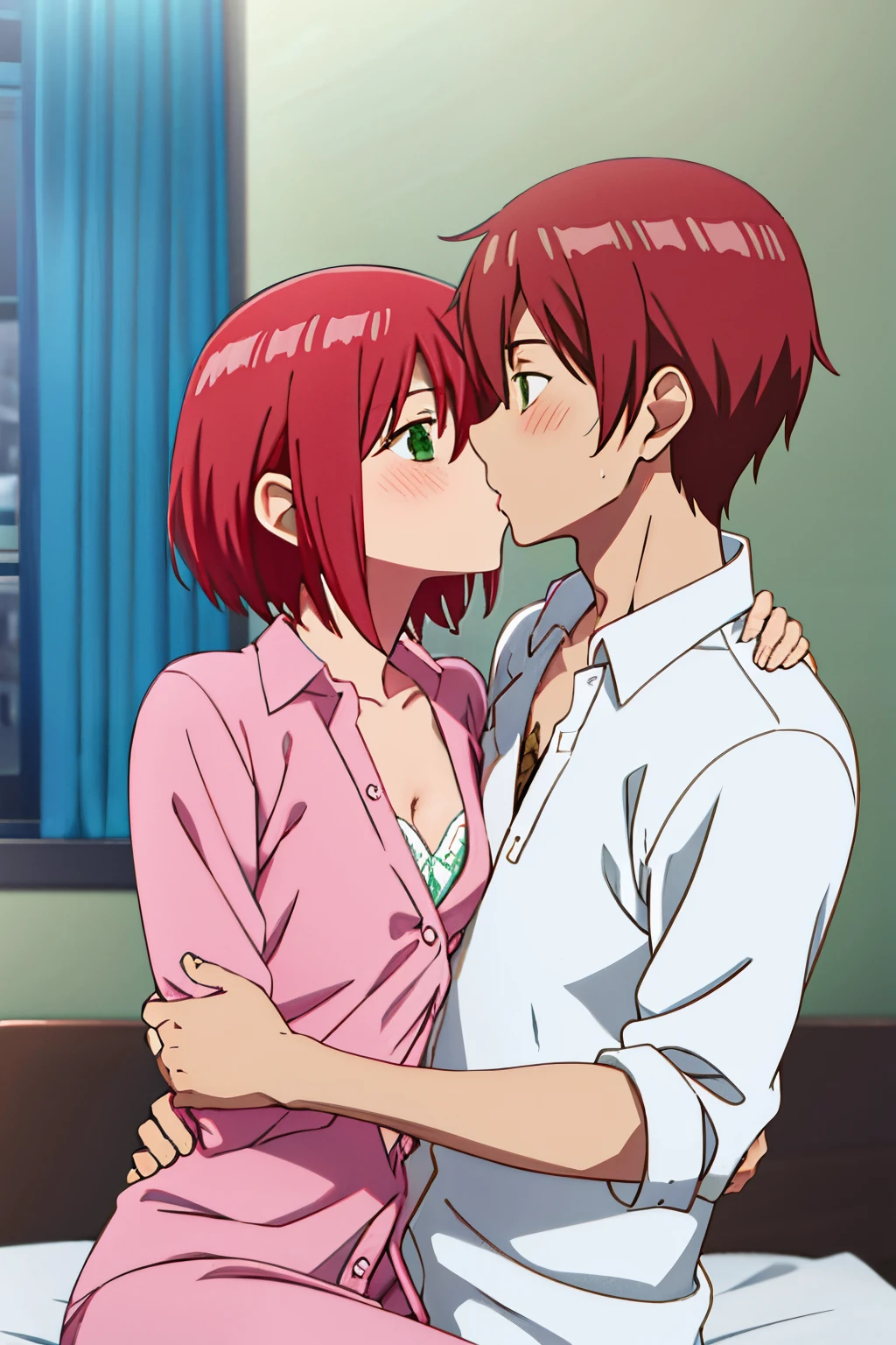 1boy, brwon hair,nude, boy is front of girl, passionate hug, face press on the chest, sniffing chest, kiss chest, 1girl, red hair, blush, green eyes, looking at the viewer, indoors, short hair, open mouth, white long sleeve shirt, unbuttoned shirt, open shirt, pink bra, medium breast, night, bedroom, sit on bed