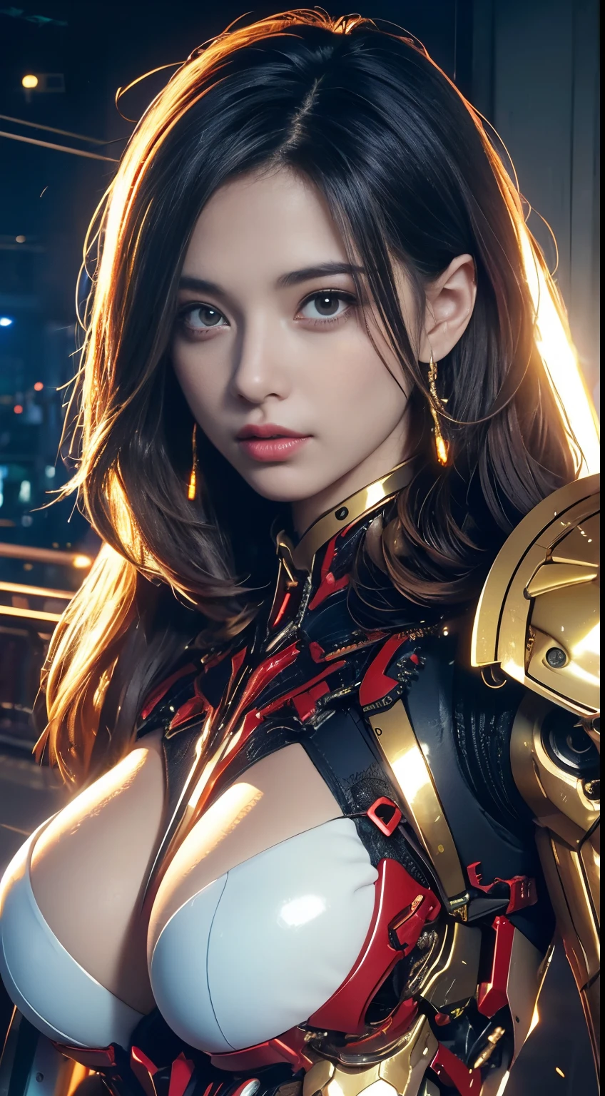 (1 Mechanical Girl)、top-quality、masterpiece、超A high resolution、(Photorealsitic:1.4)、Raw photo、1人、Golden hair、glowy skin、(((1 Mechanical Girl)))、(LED Lamp Mechanical Helmet)、(Small LED)、((super realistic details))、portlate、globalillumination、Shadow、octan render、8K、ultrasharp、Colossal tits、Raw skin is exposed in cleavage、metals、Details of complex ornaments、Japan details、highly intricate detail、Realistic light、CGSoation Trends、Red Eyes、radiant eyes、Facing the camera、neon details、(Mechanical limbs)、(blood vessels connected to tubes)、Mechanical vertebrae attached to the back、mechanical cervical attaching to neck、(Wires and cables connecting to the head)、Gundam、Small LED、,Mechanical thighs、Toostock、