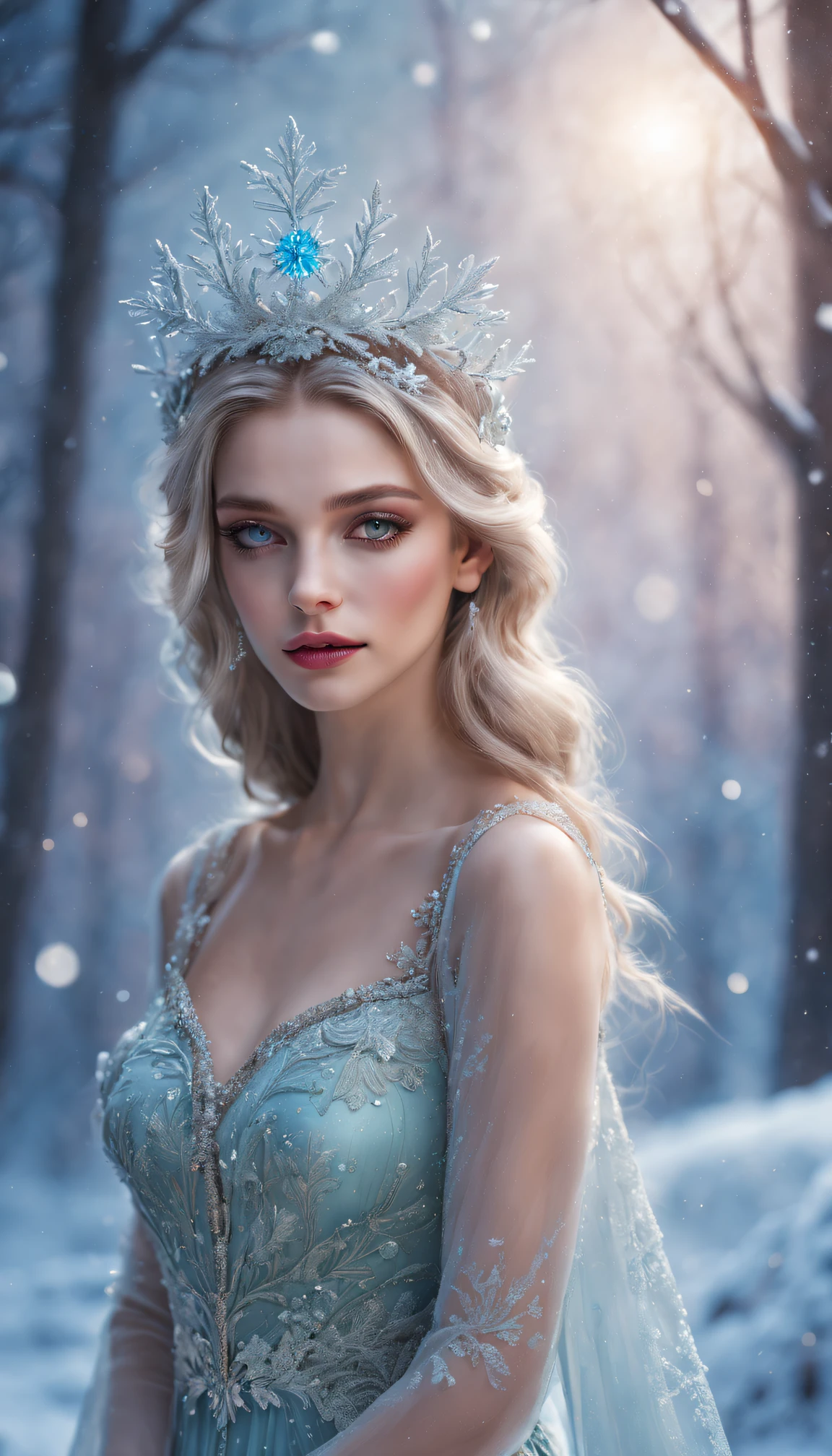 (Best quality at best,4K,8K,A high resolution,tmasterpiece:1.2),ultra - detailed,(actual,realisticlying,Photorealistic:1.37),snowflower,A queen,Christmas color theme,vivd colour,glittery,EtherealBeauty,exquisitedetails,holiday magic,Sparkling,Sparkling,Crystalline texture,cold wonderland,A majestic,royal presence,Palatial costumes,Amazing,Fascinating,Obsessed,soft snow,Elegant,gracefulness,Soothing,peacful,serene,peaceful winter scene,Dimly lit snowy forest,subtle reflections,Intertwined branches,Delicate snowflakes fall on the queen,The subtle glow of moonlight,Pastel winter tones,Soft color palette,Meticulous,clear silhouette,meticulous attention to facial features,Expressive eyes,Carefully drawn lips and nose,Beautiful posture,Breathing of confidence and power,Majestic crown decorated with snowflakes,Richly detailed gown with intricate embroidery,subtle patterns on clothes,Dotted with sparkling snowflakes,The Northern Lights illuminate the sky,Subtle play of light and shadow,Ethereal atmosphere,mistic,Otherworldly,Fascinating,Enchanted forest in the background,The queen radiates dazzling light,Subtle highlights on snowflakes,semi transparent,Icy texture,subtle curves and angles,Subtle changes in snowflake shape and size,subtle bokeh effect,Subtle traces of frost around,Subtle sparkle and shine,A perfect blend of colors and tones,Subtle depth and dimension,Subtle details enhance the overall composition,Subtle sense of movement,Tell stories with visual nuance.