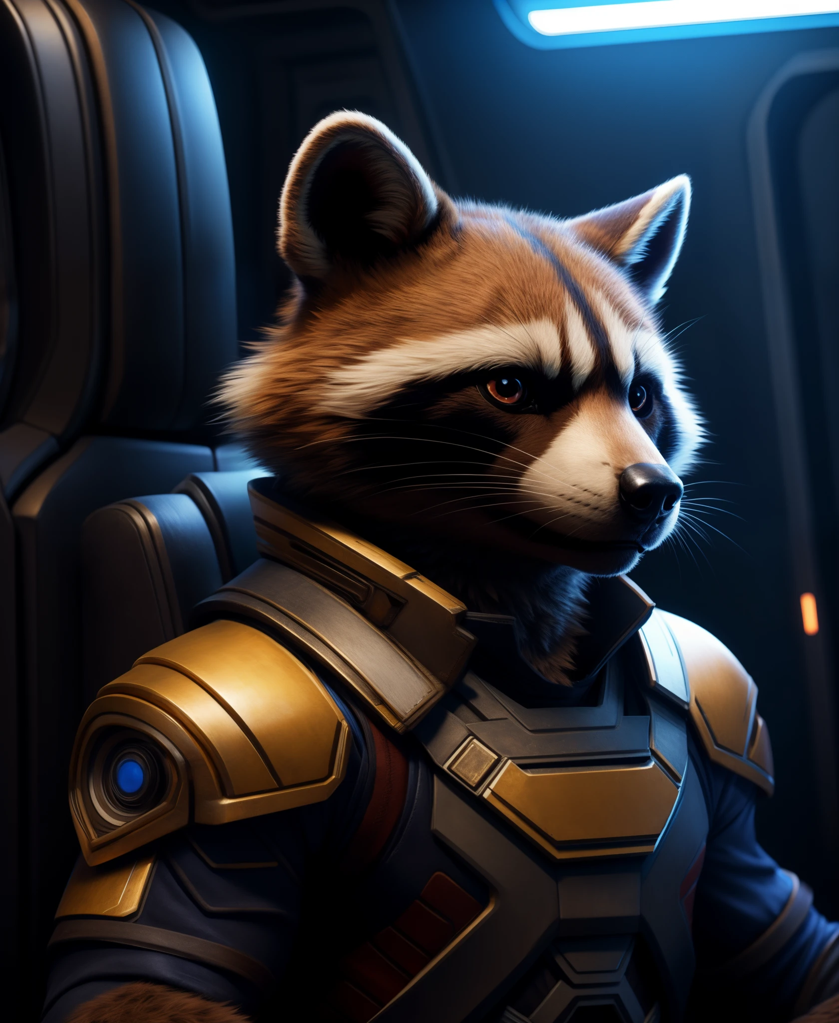 best quality, highly detailed, photo of slim rocket raccoon, guardian of the galaxy uniform,  HD photography, realistic detailed fur, movie still