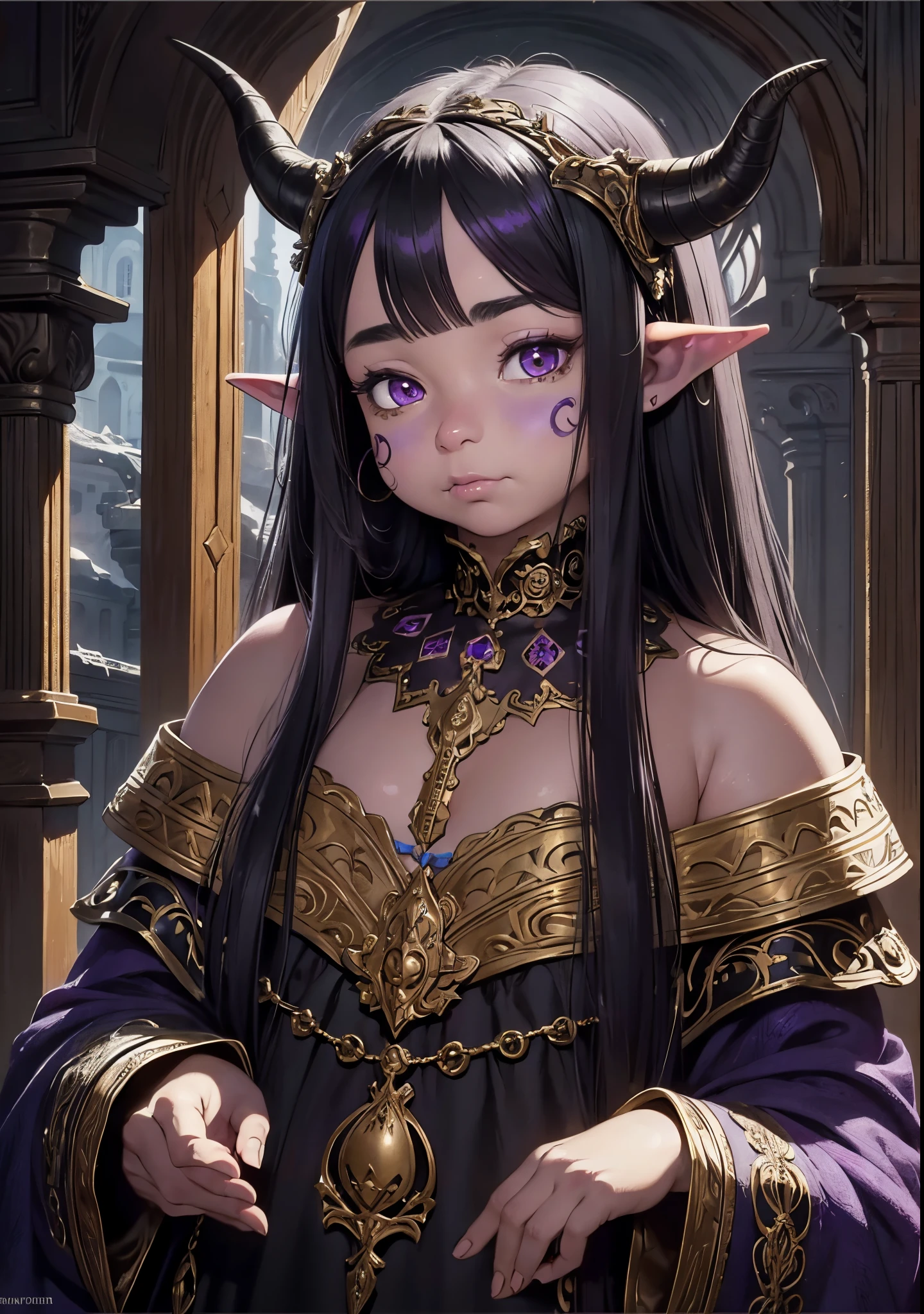 most beautiful artwork in the world, gelfling,black hair long, little horns on head, realistic, intricate detail, nostalgia, Intricate, High Detail, Sharp focus, dramatic, ((perfectly drawn hands)), (purple skin color), (((fat face)))