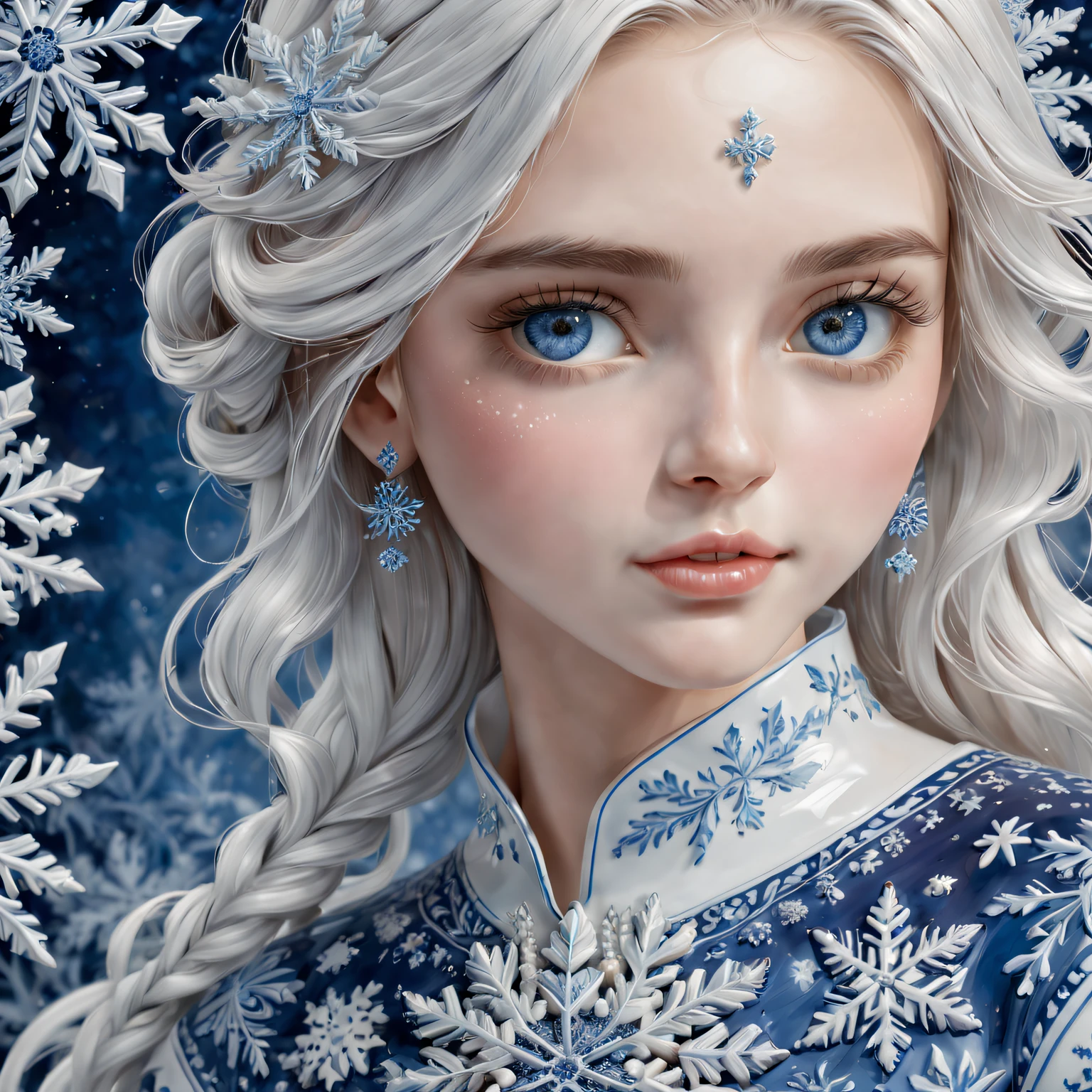 Best quality at best,4K,8K,A high resolution,tmasterpiece:1.2,ultra - detailed,actual:1.37,sportrait,Beautiful snowflake pattern,Blue and white porcelain, closeup cleavage, Sophisticated AND Intricate Details, Traditional craftsmanship, vivd colour, shiny glaze, fine brushwork, Refined artistry, with glossy finish, Studio lighting