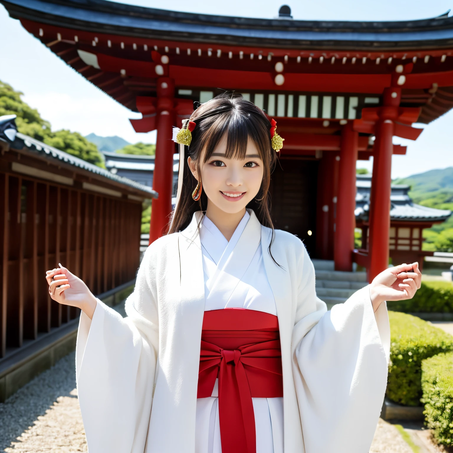 ((top-quality、masutepiece、8K、Top image quality))、A beautiful shrine maiden、((shrine maiden&#39;s white coat、Chihaya the Shrine Maiden、Shrine maiden&#39;s red hakama、perfect real shrine maiden costume))、(Upper body photo of one woman:1.3)、View me、Biggest smile、The background is a majestic and luxurious shrine、The majestic and luxurious exterior of a real shrine、A gorgeous authentic shrine with Niwa lacquerware