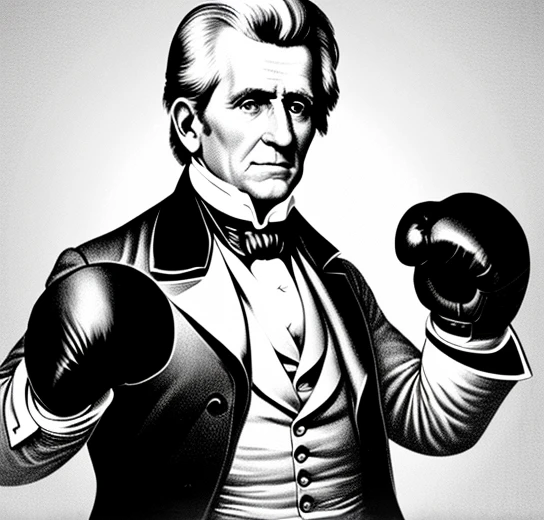 Andrew Jackson wearing boxing gloves. Realistic in black & white