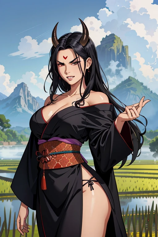 best quality, high resolution, different image, detailed background, woman, medium breasts, random wear, long black hair, ,next to a rice field, daytime, dutch angle, long release, hateful look, furious, sensual, Female Oni, pointy black horns on her forehead, sharp teeth showing, wearing a peasant kimono outfit