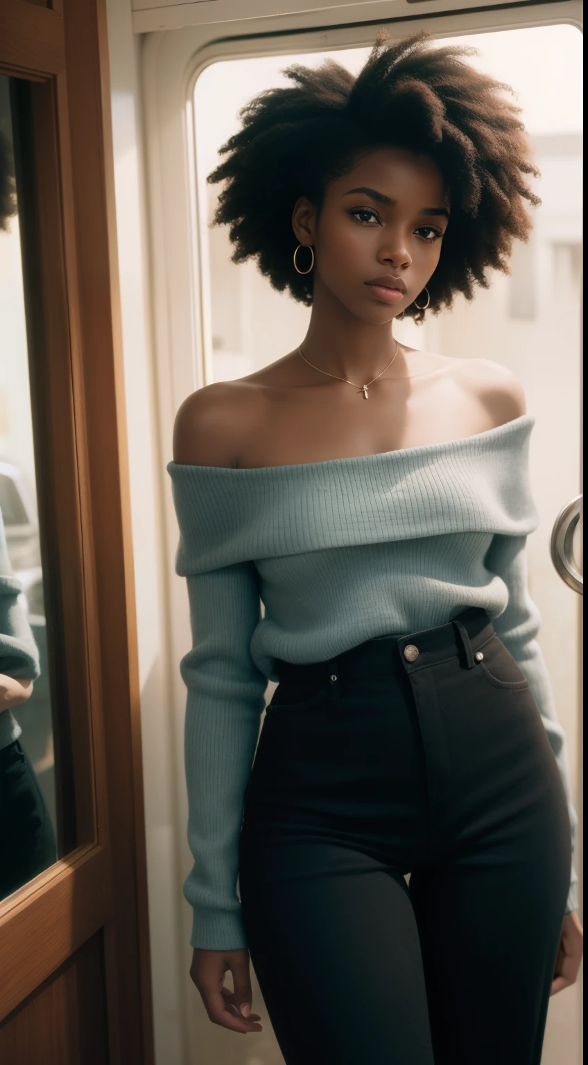 pinhole photographic photo of a beautiful young black woman, de olhos arregalados, off-the-shoulder sweater with high-waisted corduroy pants, head shoot, under reflected lighting, Dutch angle, filmado em um Velvia 100