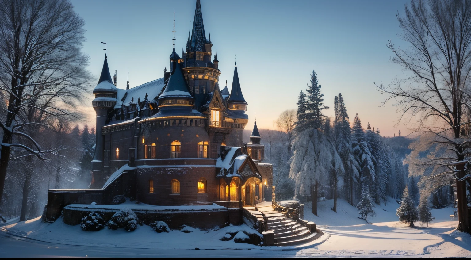 best quality, masterpiece, a painting of a castle under the snow, in the style of fairy tale illustrations, high detailed, light gold and dark azure, vibrant stage backdrops, mixes realistic and fantastical elements, hand-painted details, glittery and shiny