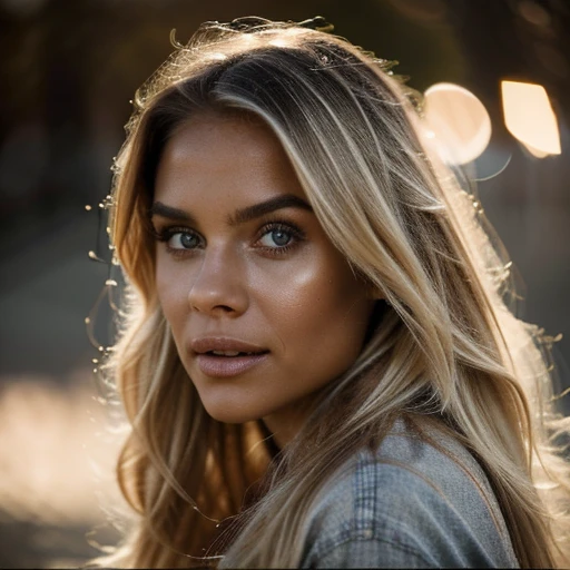 Photorealistic of a insanely beautiful woman with blonde windy messy hair, in the style of panasonic lumix s pro 50mm f/1.4, light beige and dark azure, celebrity images mashups, soft realism, barbiecore, 32k uhd, luminous quality, swiss realism, niji 5