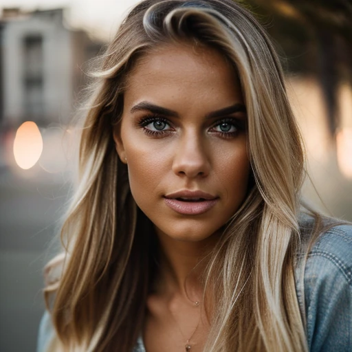 Photorealistic of a insanely beautiful woman with blonde windy messy hair, in the style of panasonic lumix s pro 50mm f/1.4, light beige and dark azure, celebrity images mashups, soft realism, barbiecore, 32k uhd, luminous quality, swiss realism, niji 5