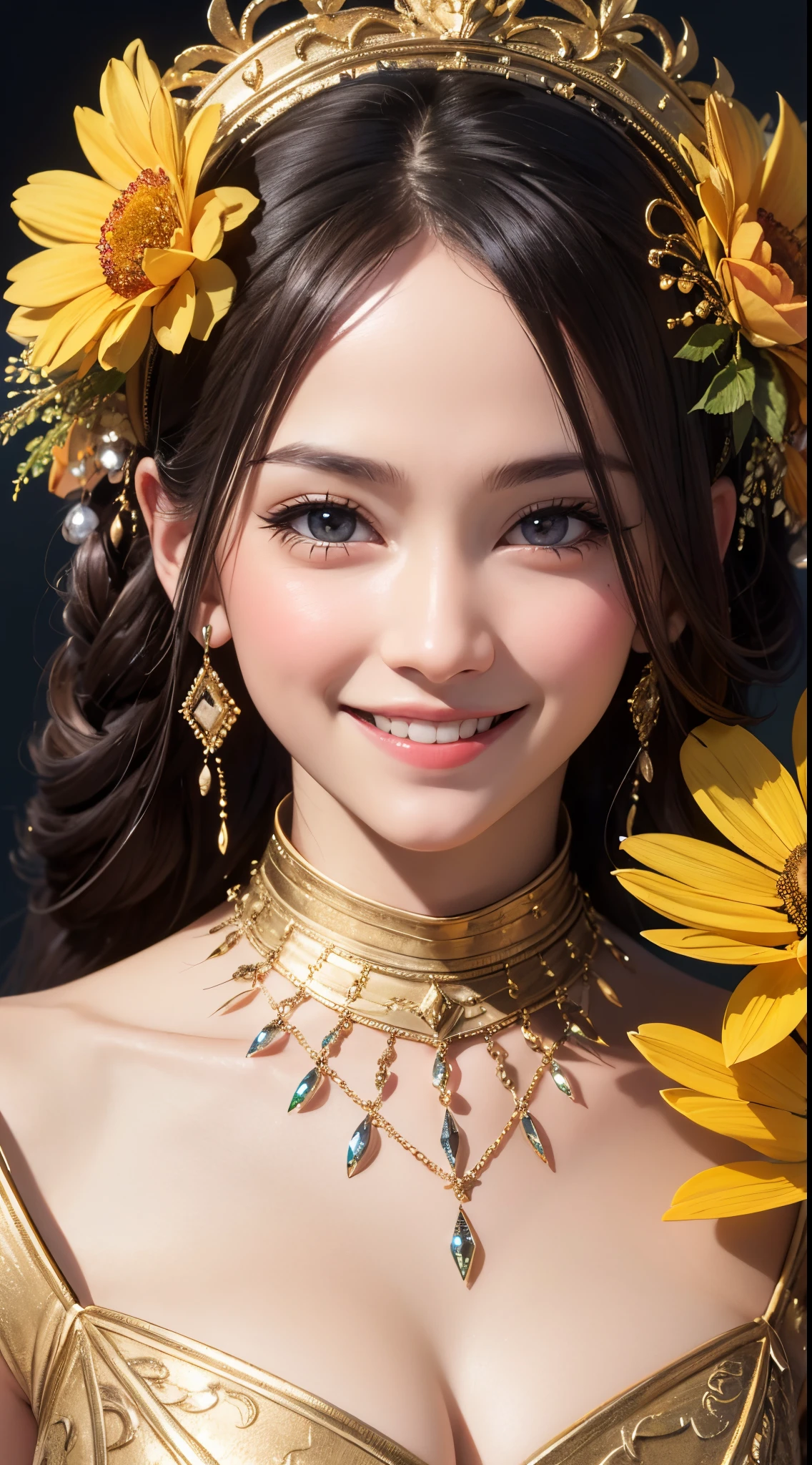 A close up of a woman wearing a gold dress and a flower crown - SeaArt AI