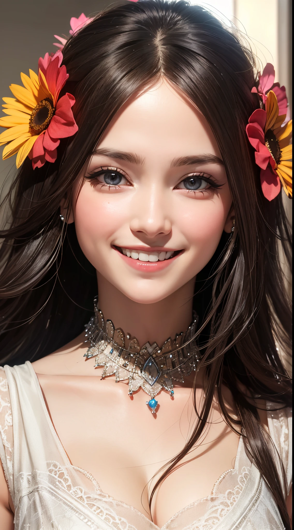 eye reflection, (smile:1.5), flower on head, UHD, retina, masterpiece, ccurate, anatomically correct, textured skin, super detail, high details, high quality, best quality, highres, 1080P, HD, 4K, 8k, 16k