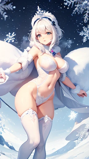 accurate drawing, snow blizzard snowstorm aura, female, fullbody, body perfect, sunlight, shaved open pubis, haircut white hairs, a lot of snowflakes, in the snow ice crystalls, super detailed, anatomically correct, masterpiece symmetrical composition, face russian perfect cute woman sweet beautifull, wearing white fur cloak, thick white vapor fog smoke clouds wind, white skin, bright pink cheek blush, front view, snowflakes crown, wearing crystal transparent