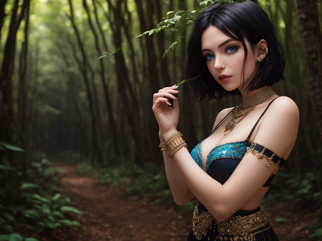 Forest with with short black hair, blue eyes, and a lot of jewelery