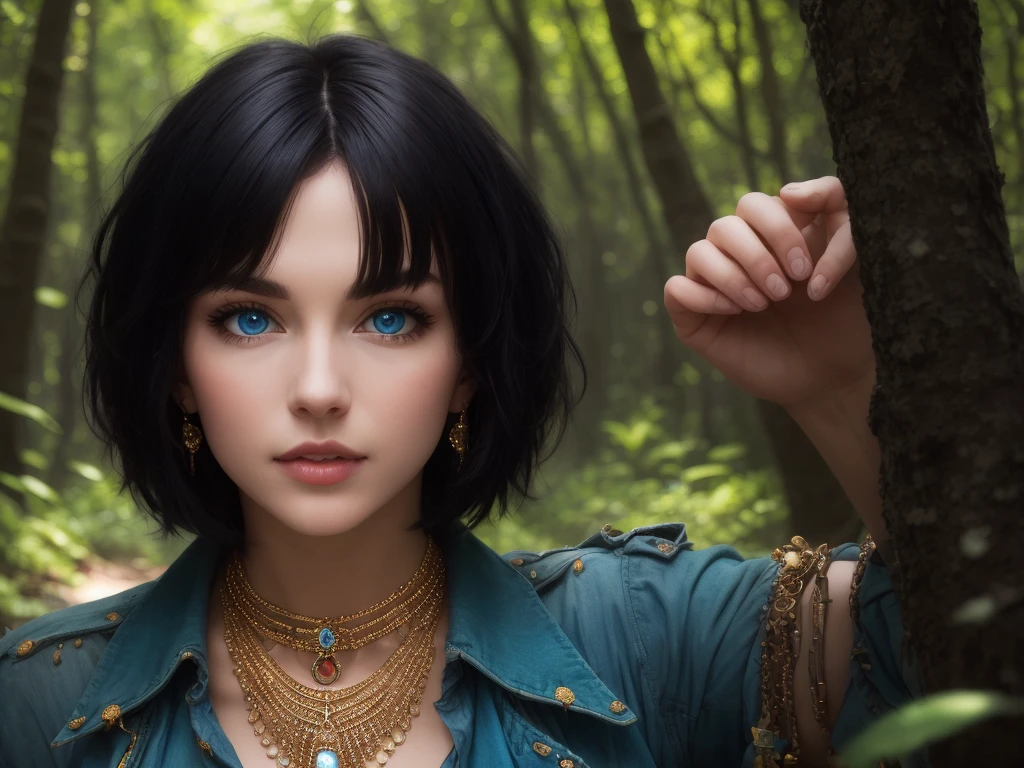 Forest with with short black hair, blue eyes, and a lot of jewelery