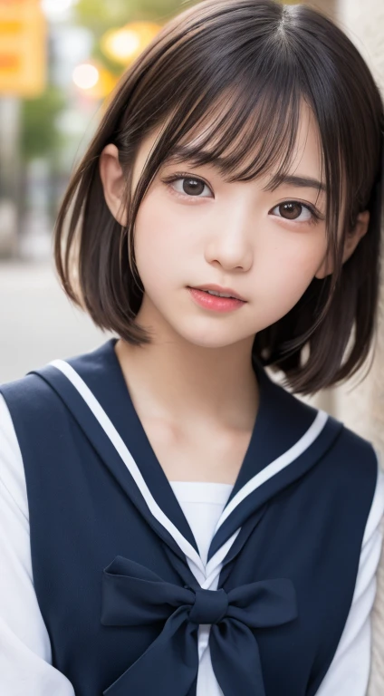 masutepiece, Best Quality, 8K, 8years old, Teen, Raw photo, absurderes, award winning portrait, Smile, Solo, short-hair, Idol face, Delicate girl, Upper body, Digital SLR, Looking at Viewer, Candid, Sophisticated,Thin arms, Professional Lighting, Film grain, chromatic abberation, (Eyes and faces with detailed:1.0), (Bokeh:1.1) , (Sailor Uniform:1.1) , closes mouth , A dark-haired , drooing eyes , large full breasts , (Thick lip:1.2) , 15-year-old face , red-lips , de pele branca