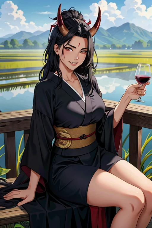 best quality, high resolution, different image, detailed background, woman, medium breasts, random wear, long black hair, next to a rice field, day, dutch angle, long release, happy look, drunk, sensual, female Oni, pointy black horns on her forehead, sharp teeth bared, wearing a peasant kimono, sitting next to a large vase of wine, drinking