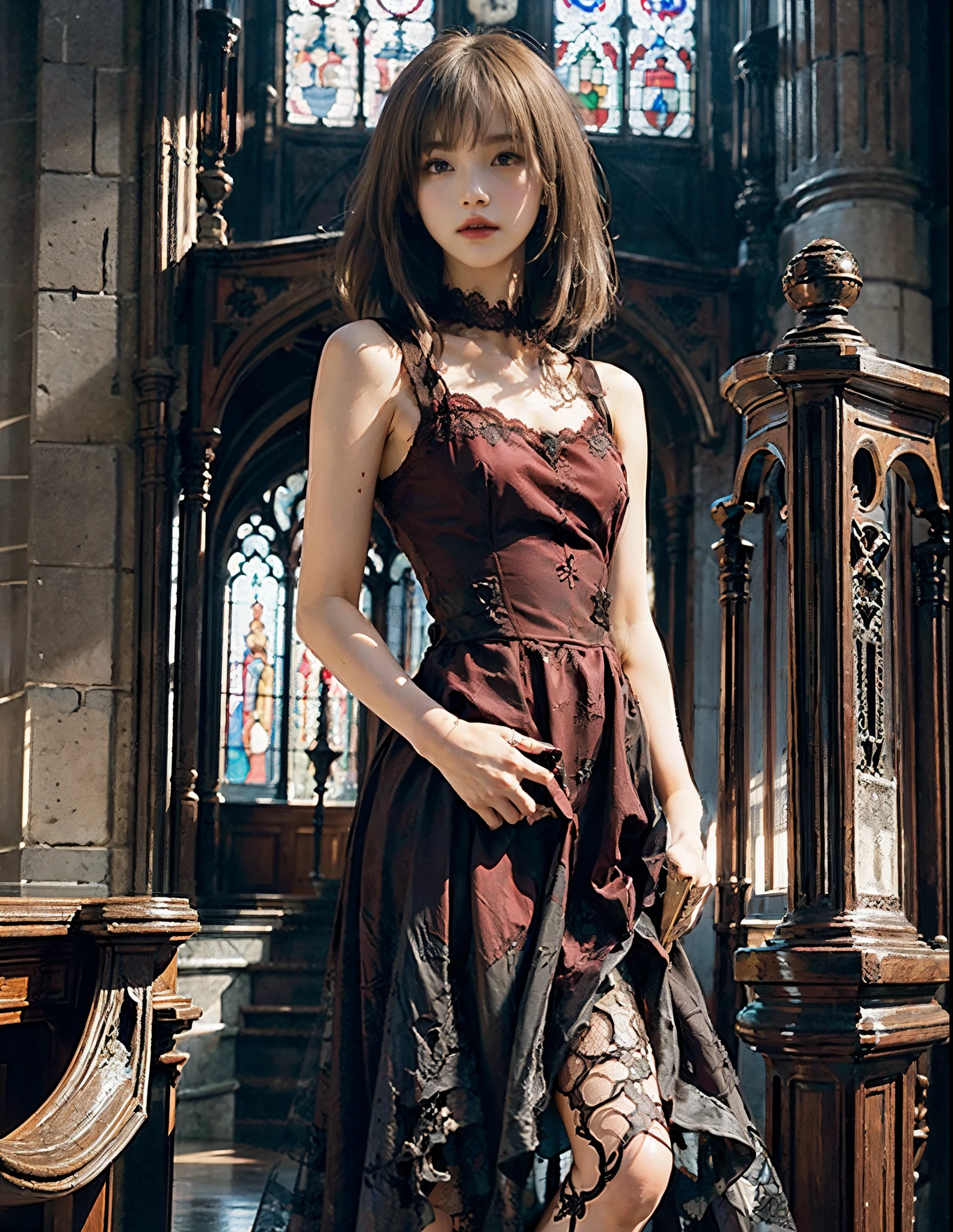 (top-quality), Realistic, (real picture, Intricate details, depth of fields), highly detailed, Detailed skin, (((gorgeous dark red dress:1.2, long, sleeveless, Lace))), (((Small chest:1.4))), (neat face, Parted lips, Looking forward, emwt), (Japanese college girl standing in a big church, open stance), (Long blonde hair:1.2, One-length hairstyles), Fair skin, stain glass, Hard lighting, low angle shot:1.2, full body shot