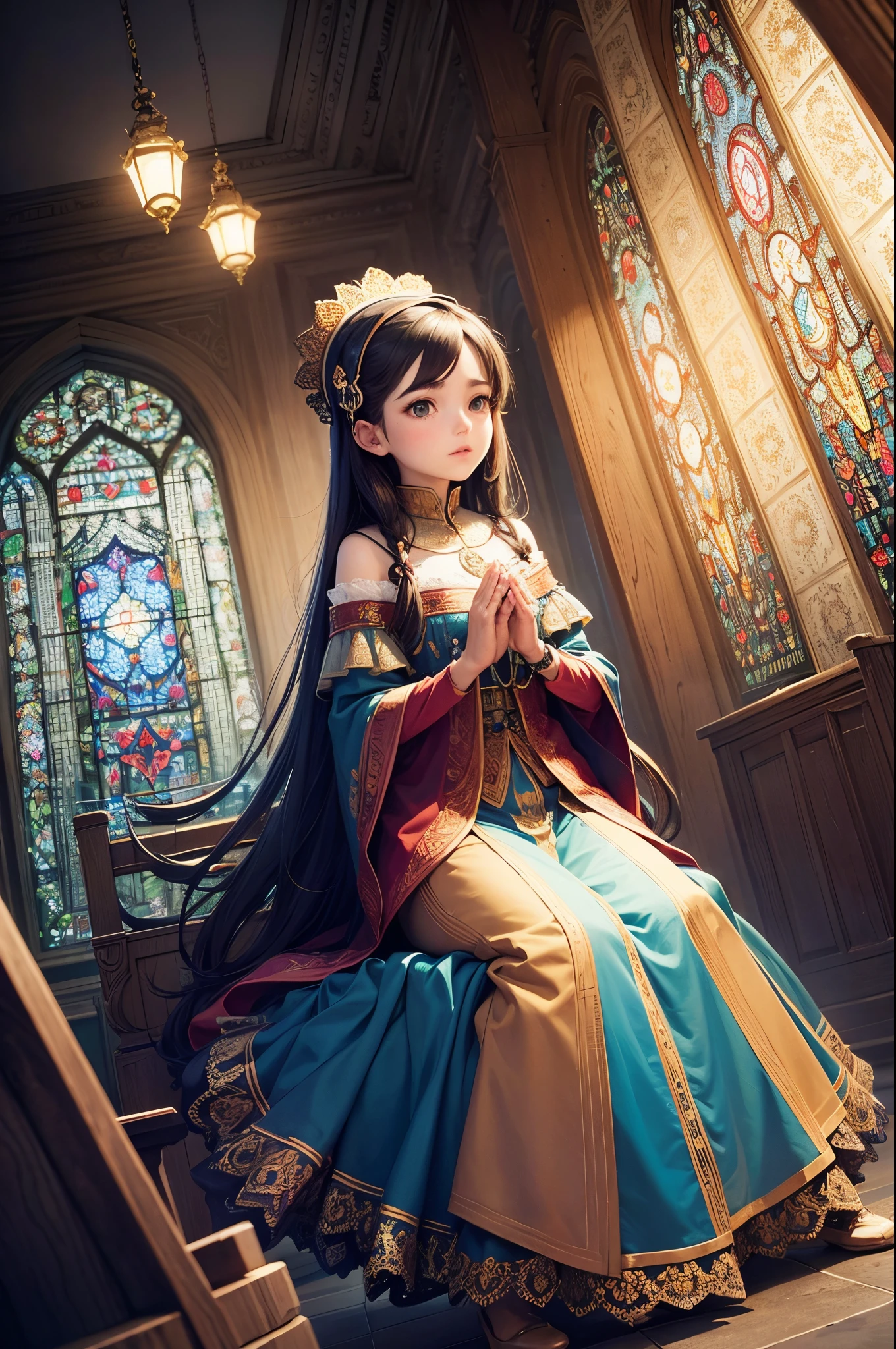 (masterpiece, top quality, best quality,official art, beautiful and aesthetic:1.2),(1girl:1.3), 1girl BREAK stained glass art, colored glass, lead lines, light transmission BREAK vibrant colors, intricate designs, luminous effects, spiritual ambiance, sitting down in chair, praying hands