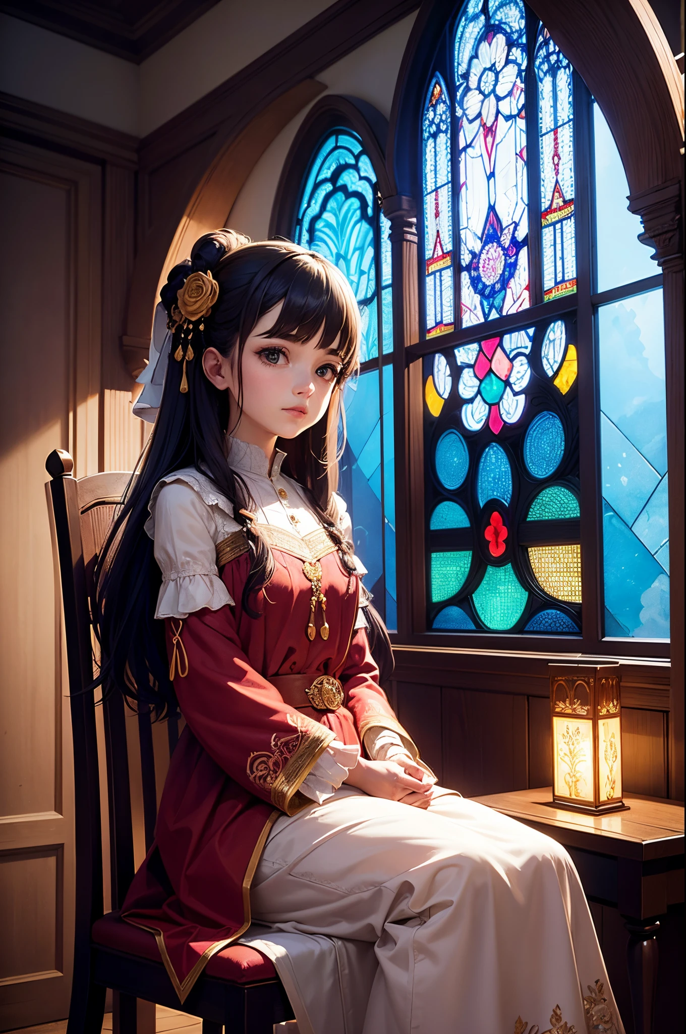 (masterpiece, top quality, best quality,official art, beautiful and aesthetic:1.2),(1girl:1.3), 1girl BREAK stained glass art, colored glass, lead lines, light transmission BREAK vibrant colors, intricate designs, luminous effects, spiritual ambiance, sitting down in chair, praying hands