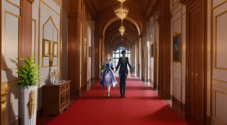 There was a woman and a man walking along the corridor, in their noble mansions, Today’s recommended anime is still, in the throne room, 《Azur route》role, Screenshots from the 2012 animation, Screenshot of the animated movie, Still from TV animation, anime scene, Madhouse Studio anime style, Still from anime, magical ambiance + tmasterpiece