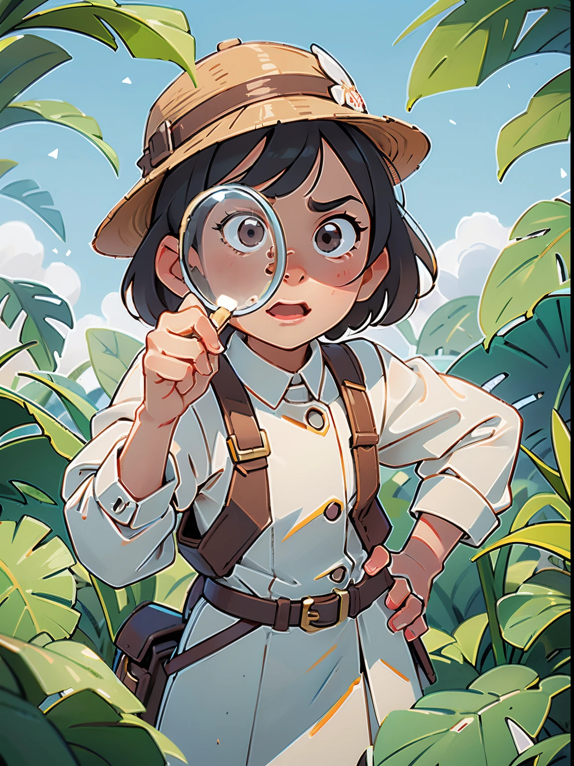 Close-up of child holding magnifying glass, magnifying glass, Look for clues, inquisitive look, Magnified,white backgrounid,game style,