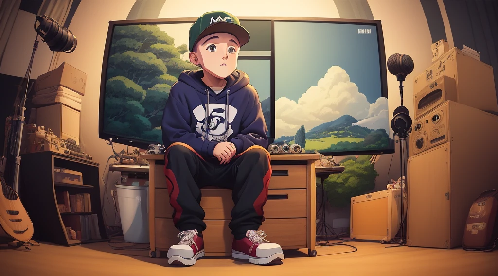 teenager's room with books on the floor, tv, computador, cama, janela com luz do sol, menino sentado de frente na cama, playing portable video games, cap and purple jacket, prescription glasses, tennis shoes, jeans