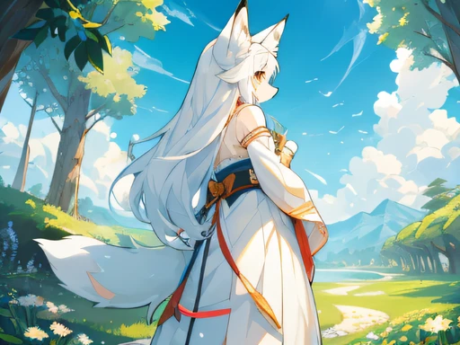 top-quality,Best quality at best,vectorial art,High quality illustrationtiz,tmasterpiece)(Common,furry anthro),城市,at noon,(Girl white humanoid fox:1.2), Curious,healed,look for,hyper detailed illustration,the only person,The limbs are intact,Long white hair,Pure white tail,Pure white skin,One tail,full bodyesbian,only white fur,Korean comic book style