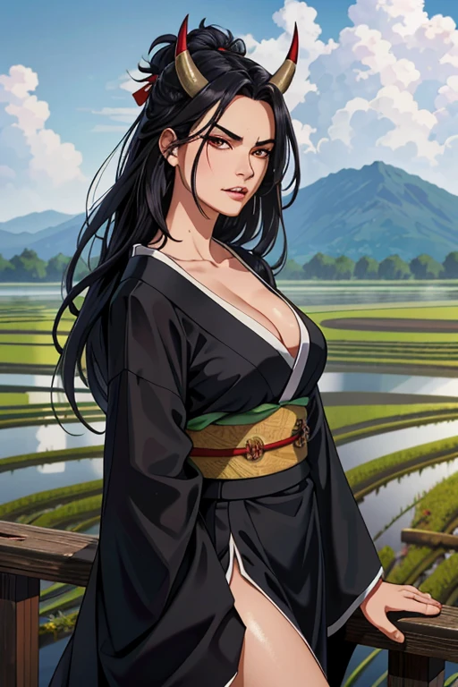 best quality, high resolution, different image, detailed background, woman, medium breasts, random wear, long black hair, ,next to a rice field, daytime, dutch angle, long release, hateful look, furious, sensual, Female Oni, pointy black horns on her forehead, sharp teeth showing, wearing a peasant kimono outfit