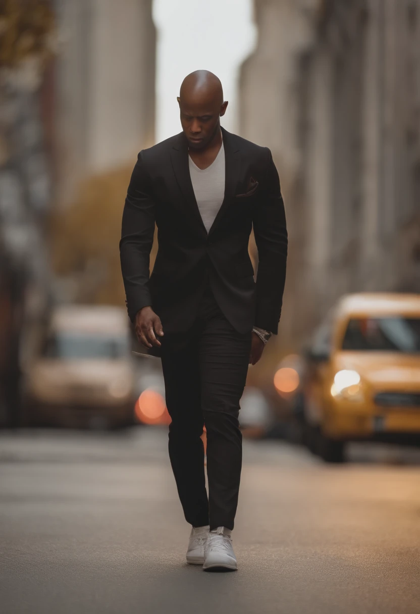AFRO-AMERICAN BALD ANGEL WITH NO HAIR ON FACE OR HEAD, REALISTA 4K USANDO TERNO E GRAVATA COM GRANDES ASAS CINZENTAS BATENDO AS ASAS ATERRANDO NA CIDADE DE NOVA IORQUE 8K