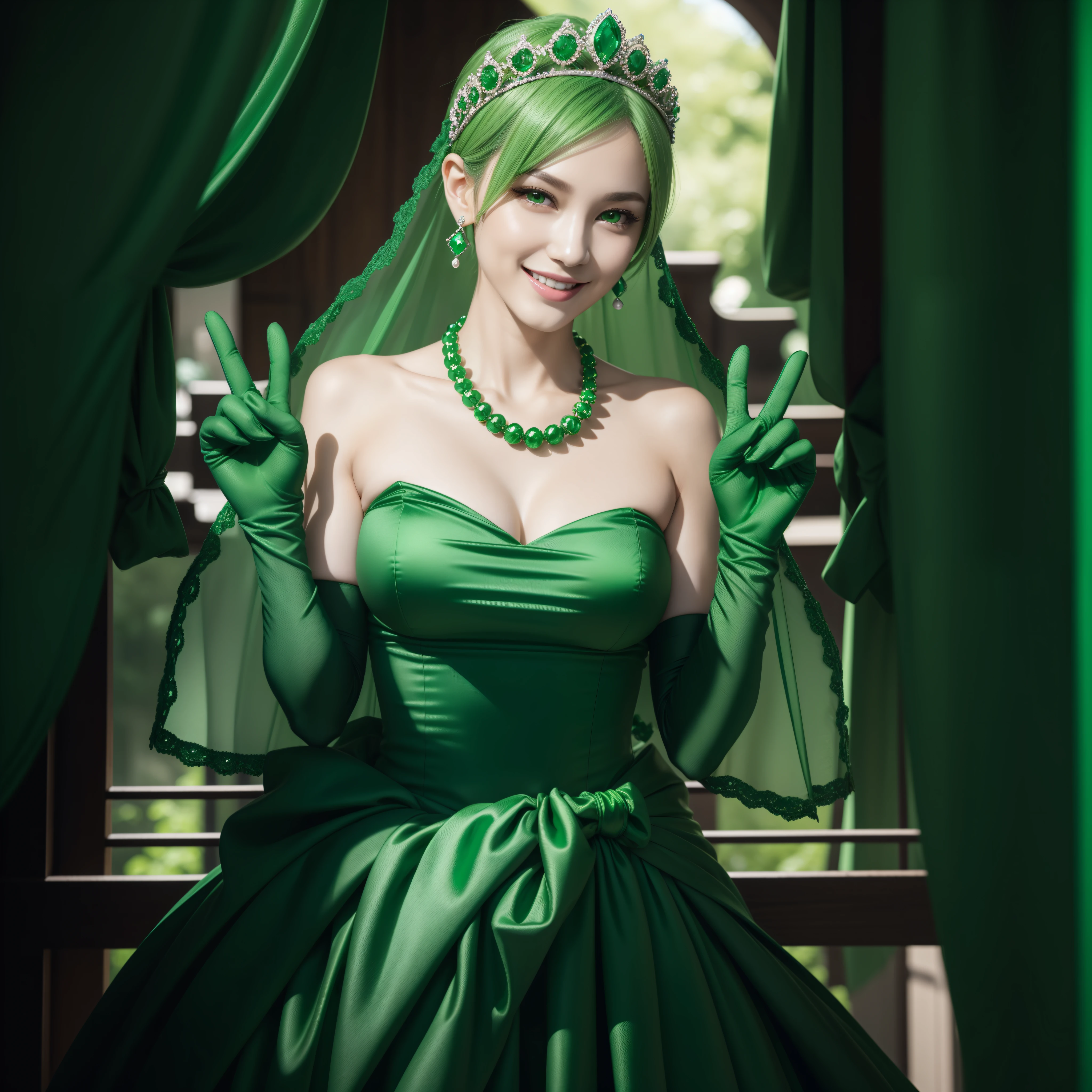 emerald tiara, Green Pearl Necklace, Boyish very short green hair, lipsticks, Japan woman smiling, very short short hair, big breasts beautiful, Green eyes, Long green gloves made of satin material, Green eyes, v sign,V-sign with both hands, Emerald Earrings, Green hair