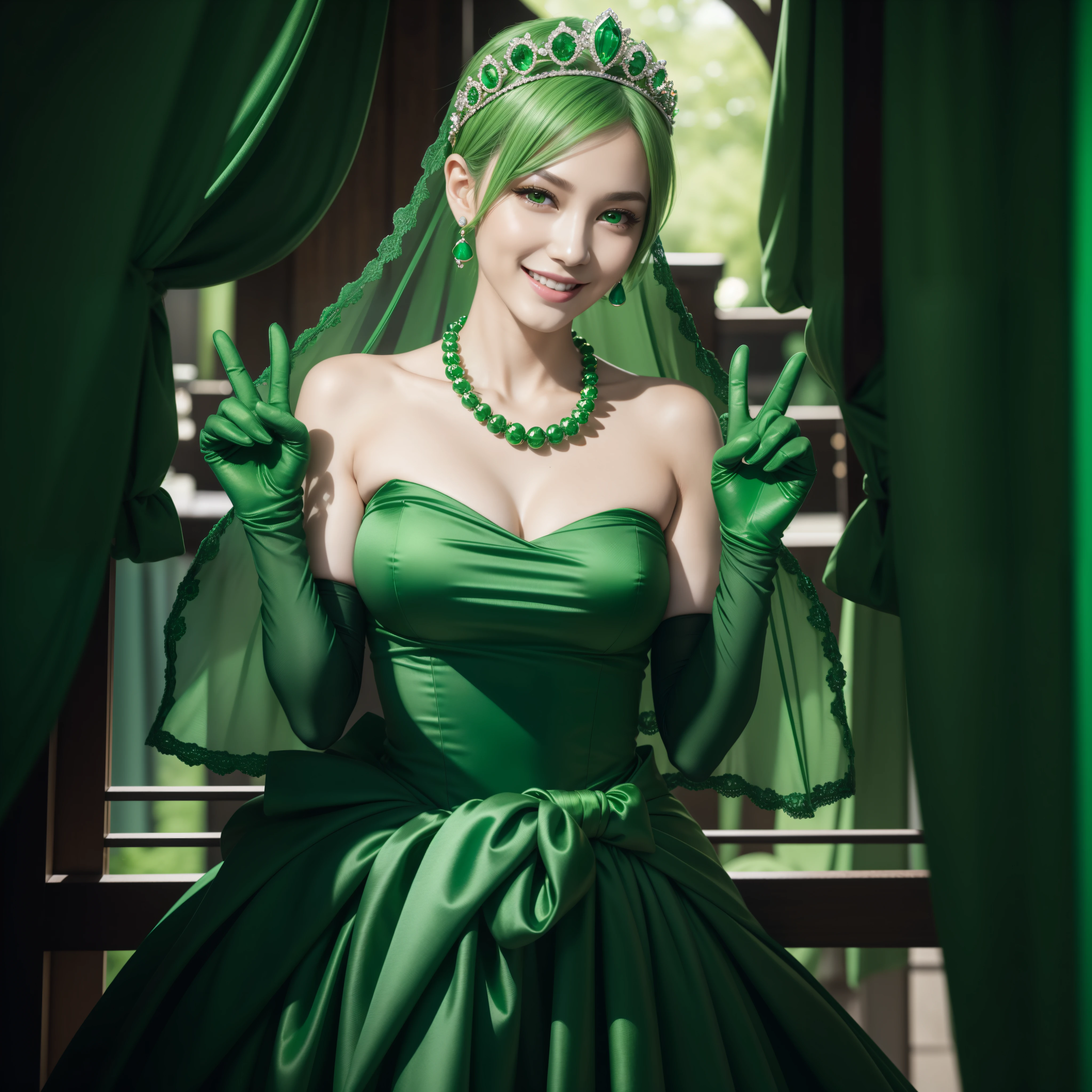 emerald tiara, Green Pearl Necklace, Boyish very short green hair, lipsticks, Japan woman smiling, very short short hair, big breasts beautiful, Green eyes, Long green gloves made of satin material, Green eyes, v sign,V-sign with both hands, Emerald Earrings, Green hair