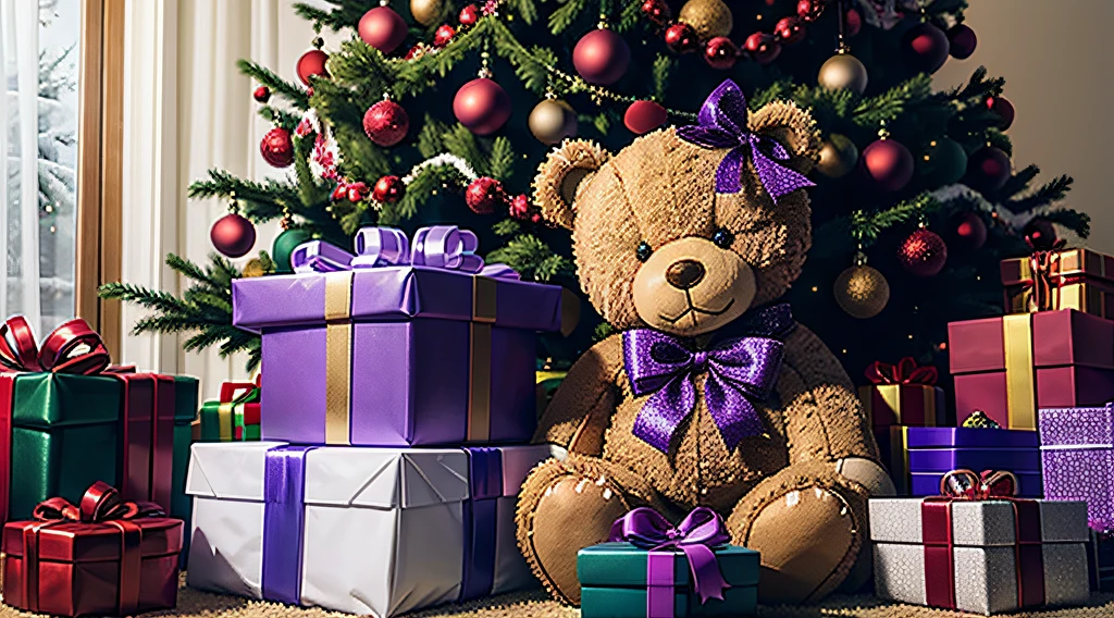 teddy bear with a purple bow sorrounded by christmas presents while sitting under a christmas tree