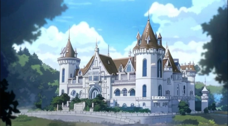 Cartoon picture of a large white castle with a bell tower, Madhouse Studio anime style, palace background, magical castle school on a hill, castle scene manga, milky white palace, Far away royal steampunk castle, style of madhouse anime, Castle setting, castle background, Screenshot of the animated movie, luxury castle, Screenshots from the 2012 animation