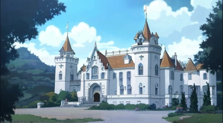 Cartoon picture of a large white castle with a bell tower, Madhouse Studio anime style, palace background, magical castle school on a hill, castle scene manga, milky white palace, Far away royal steampunk castle, style of madhouse anime, Castle setting, castle background, Screenshot of the animated movie, luxury castle, Screenshots from the 2012 animation