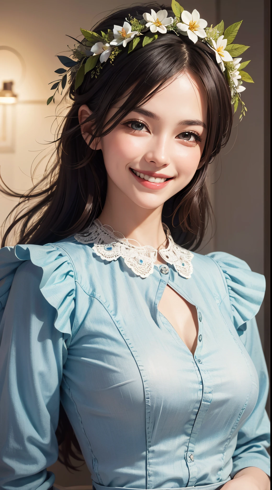 [eye reflection], (smile and laugh:1.5), head wreath, UHD, retina, masterpiece, ccurate, anatomically correct, textured skin, super detail, high details, high quality, best quality, highres, 1080P, HD, 4K, 8k, 16k