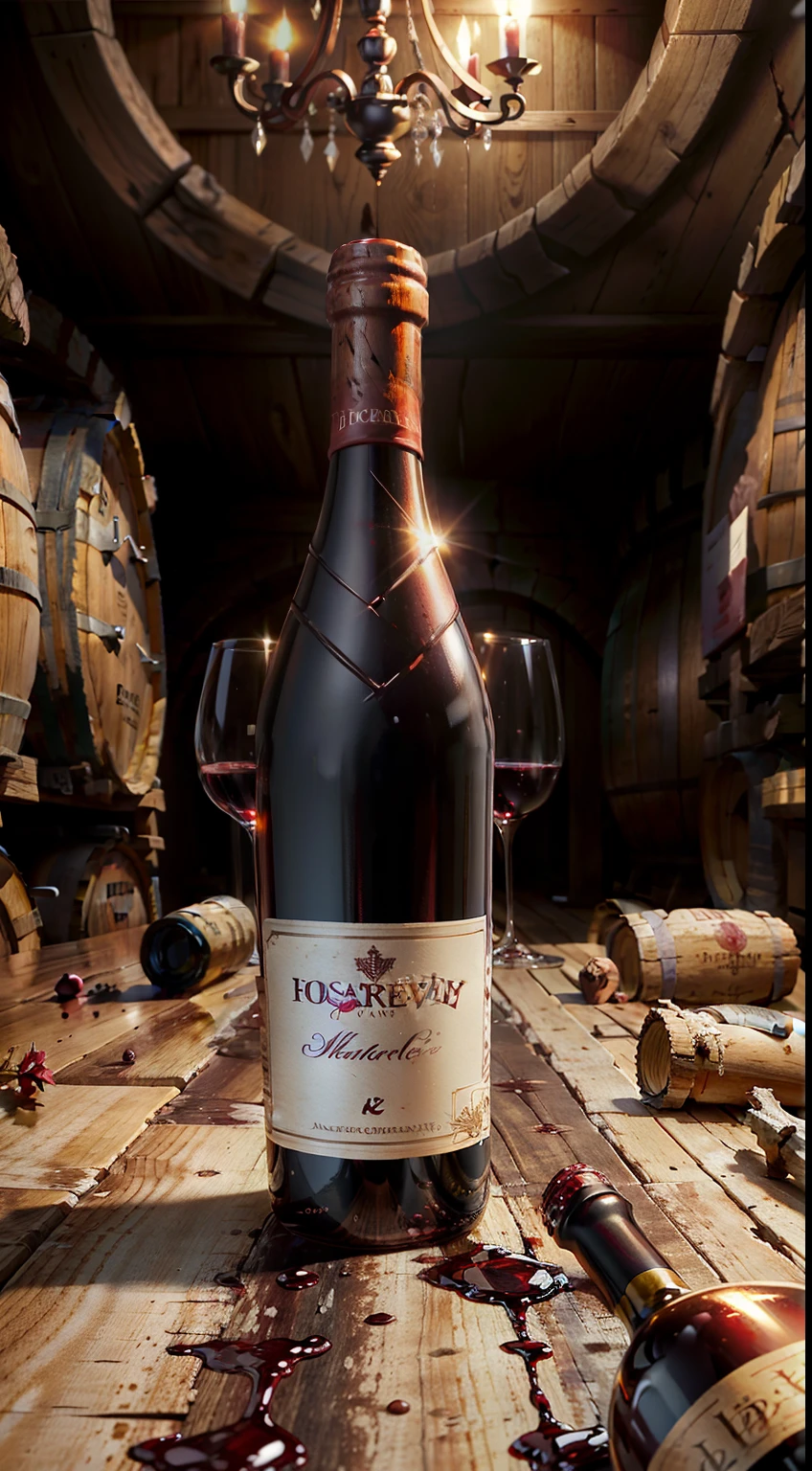 Extreme closeup，Scavenging，tmasterpiece，Wine cellar，((red wine on table)), Red wine glasses，bottle opener，many oak barrels，illuminate warmly，In the wine cellar，c4d，Empty product display scene，Positive point of view，first person perspective