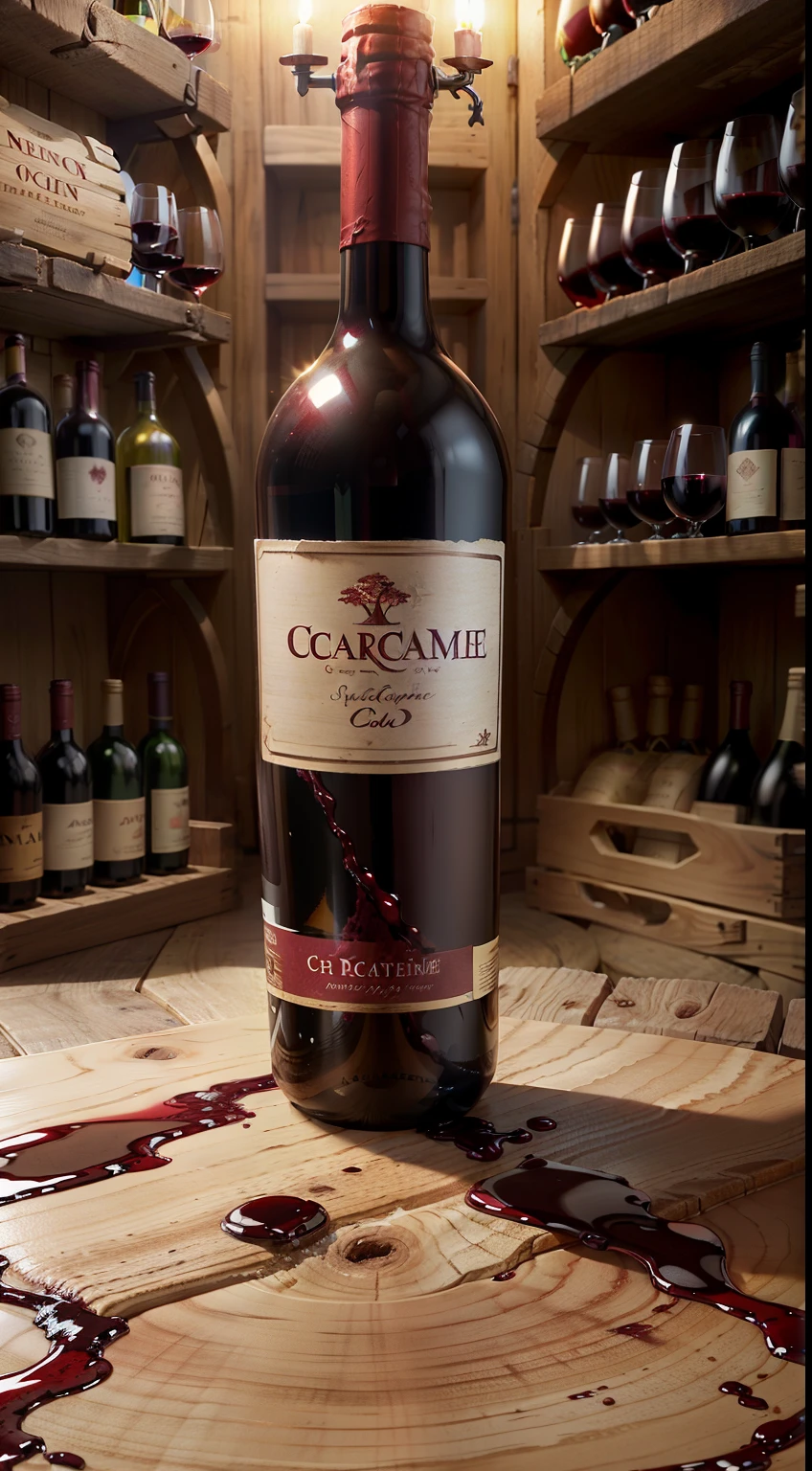 Extreme closeup,Scavenging,tmasterpiece,Wine cellar,((red wine on table)), Red wine glasses,bottle opener,many oak barrels,illuminate warmly,In the wine cellar,c4d,Empty product display scene,Positive point of view,first person perspective