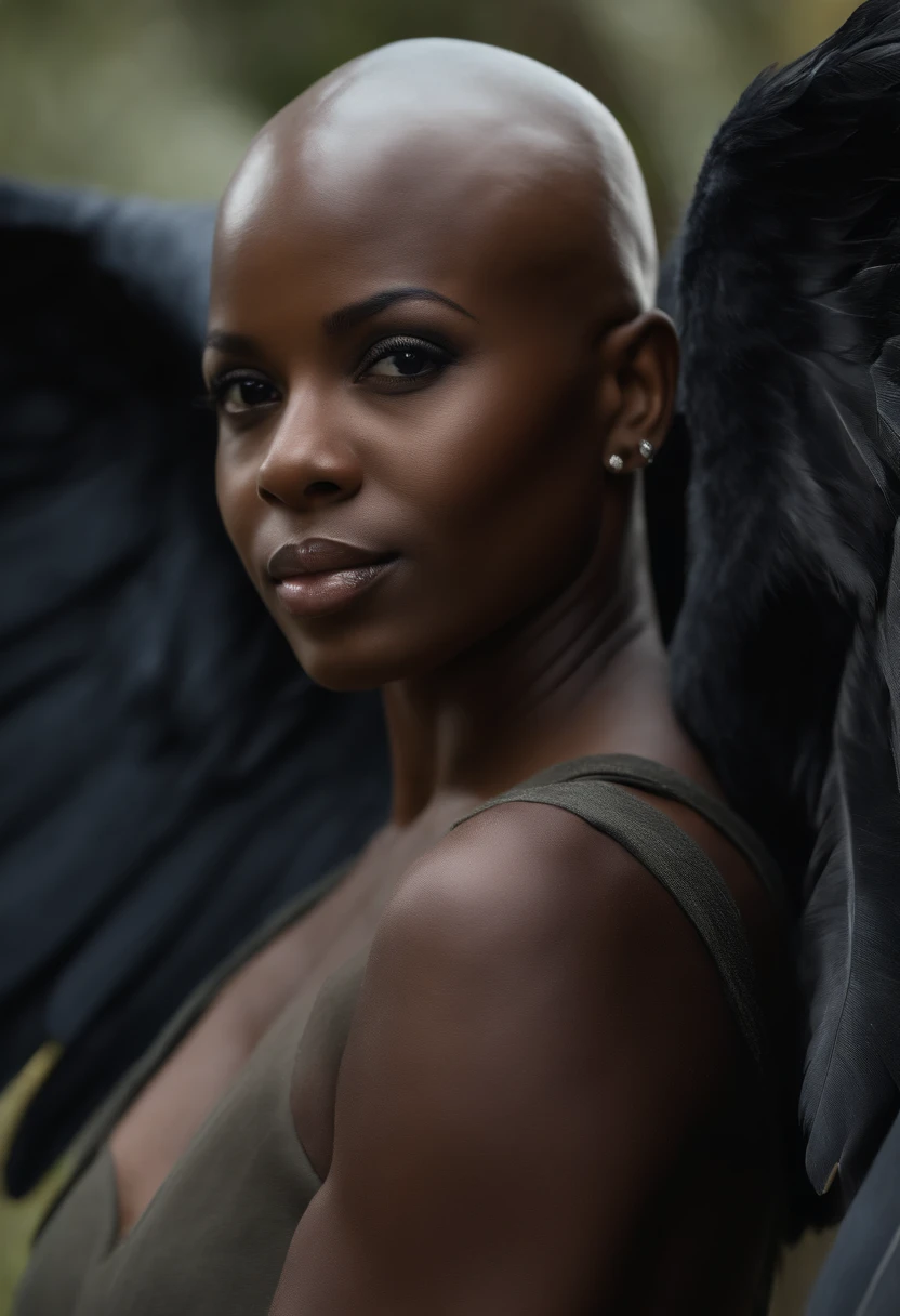 AFRO-AMERICAN BALD ANGEL WITH NO HAIR ON FACE OR HEAD,8K REALISTA 4K USANDO TERNO E GRAVATA COM ASAS COM GRANDES ASAS CINZENTAS BATENDO AS ASAS ATERRANDO NA CIDADE DE NOVA IORQUE 8K